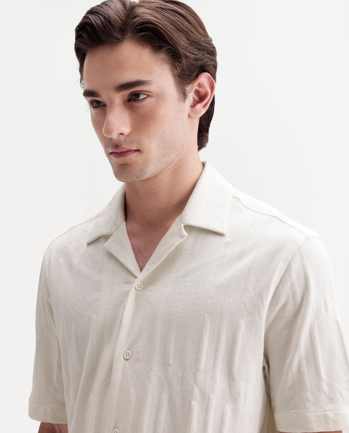 Rare Rabbit Men's Skol Off White Cotton Cuban Collar Relaxed Jacquard Shirt