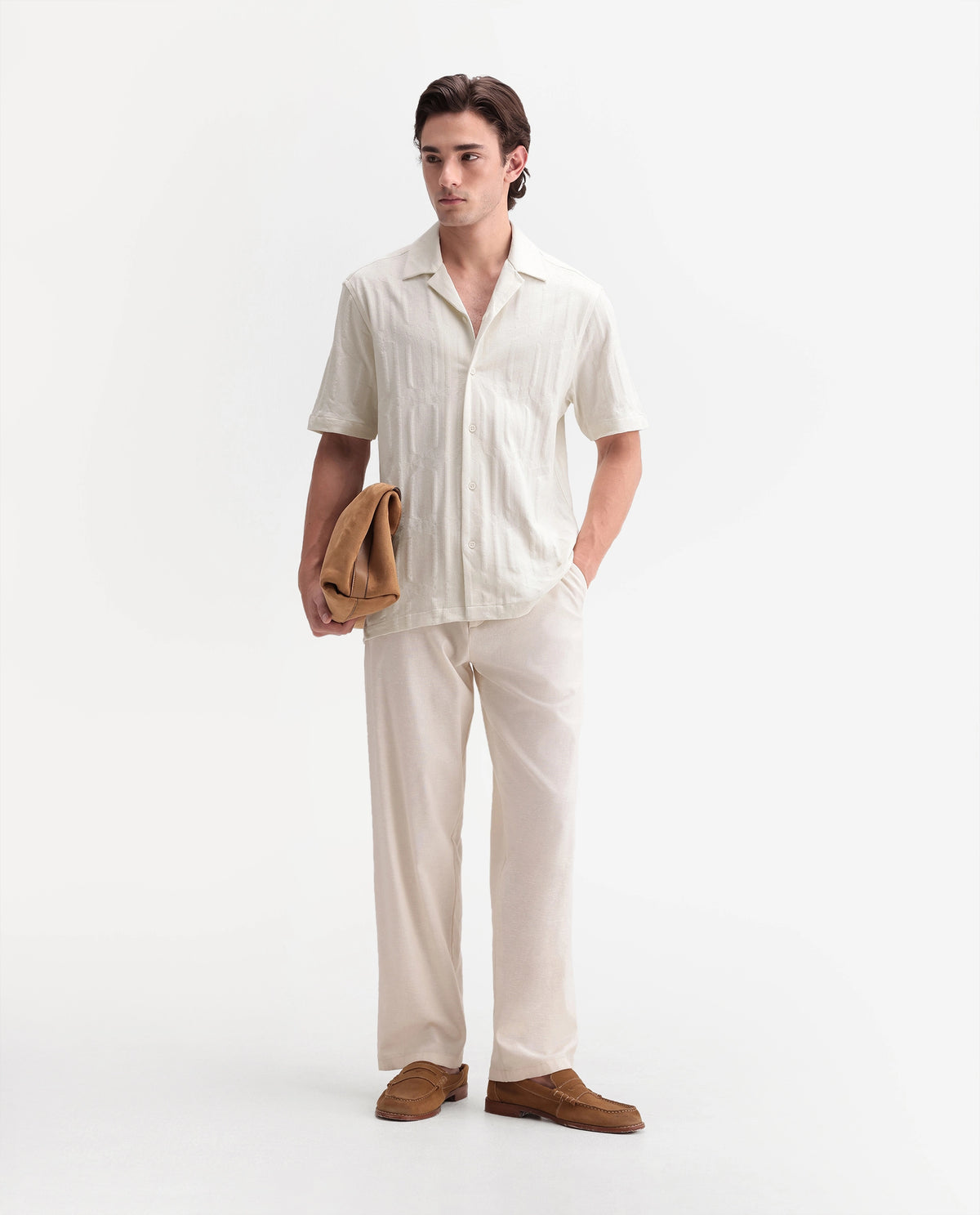 Rare Rabbit Men's Skol Off White Cotton Cuban Collar Relaxed Jacquard Shirt
