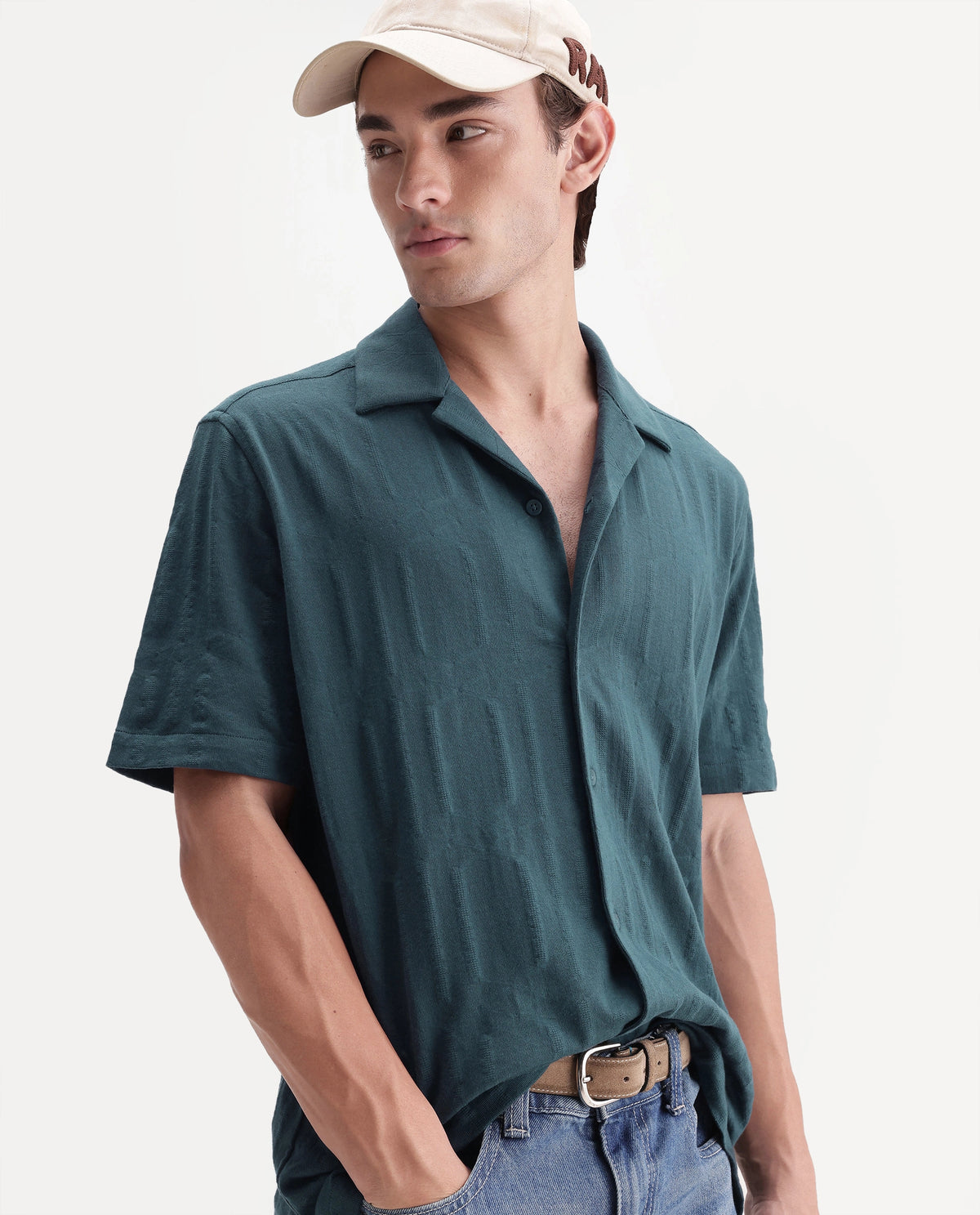 Rare Rabbit Men's Skol Dark Teal Cotton Cuban Collar Relaxed Jacquard Shirt