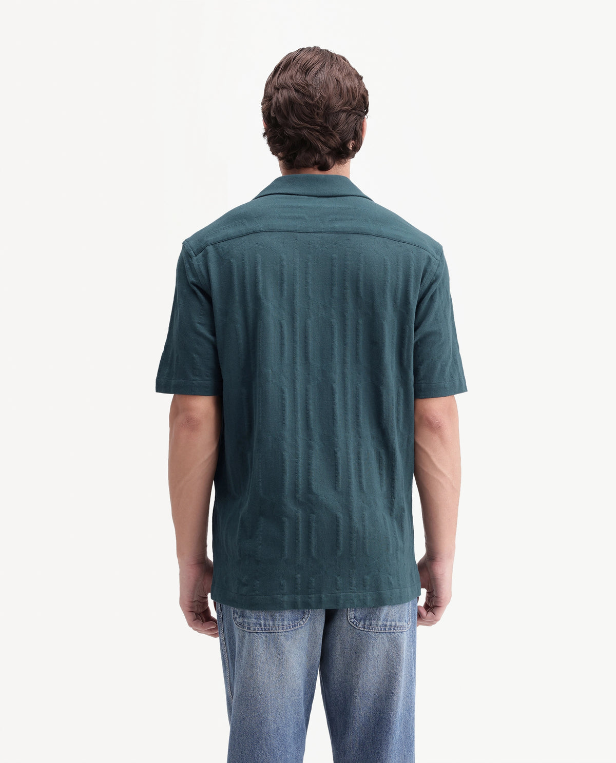 Rare Rabbit Men's Skol Dark Teal Cotton Cuban Collar Relaxed Jacquard Shirt