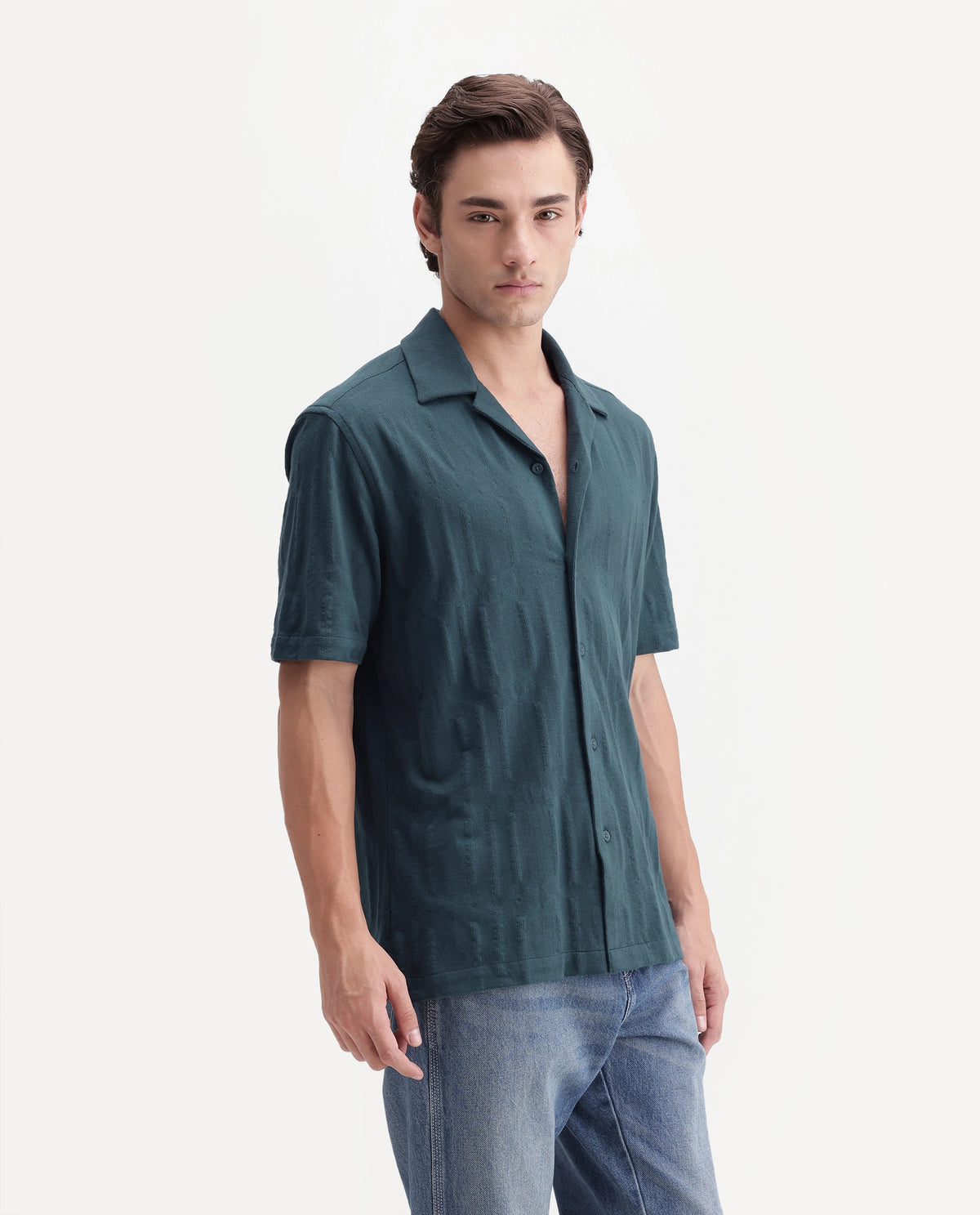 Rare Rabbit Men's Skol Dark Teal Cotton Cuban Collar Relaxed Jacquard Shirt
