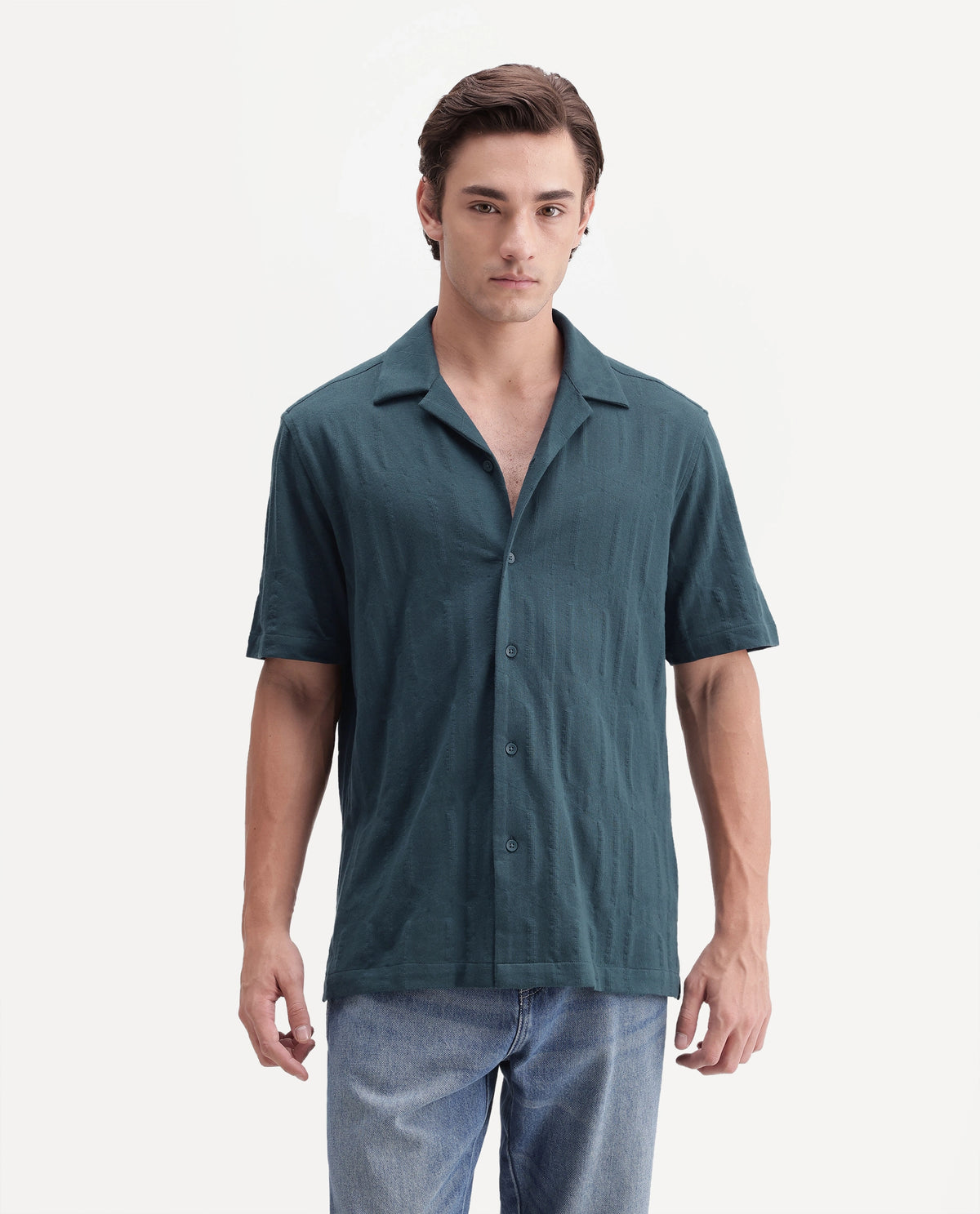 Rare Rabbit Men's Skol Dark Teal Cotton Cuban Collar Relaxed Jacquard Shirt