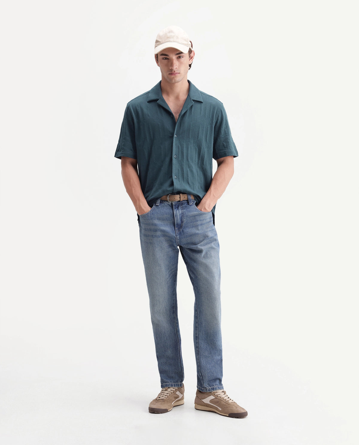Rare Rabbit Men's Skol Dark Teal Cotton Cuban Collar Relaxed Jacquard Shirt