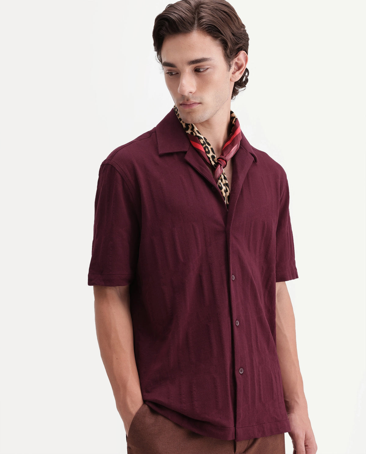 Rare Rabbit Men's Skol Dark Red Cotton Cuban Collar Relaxed Jacquard Shirt
