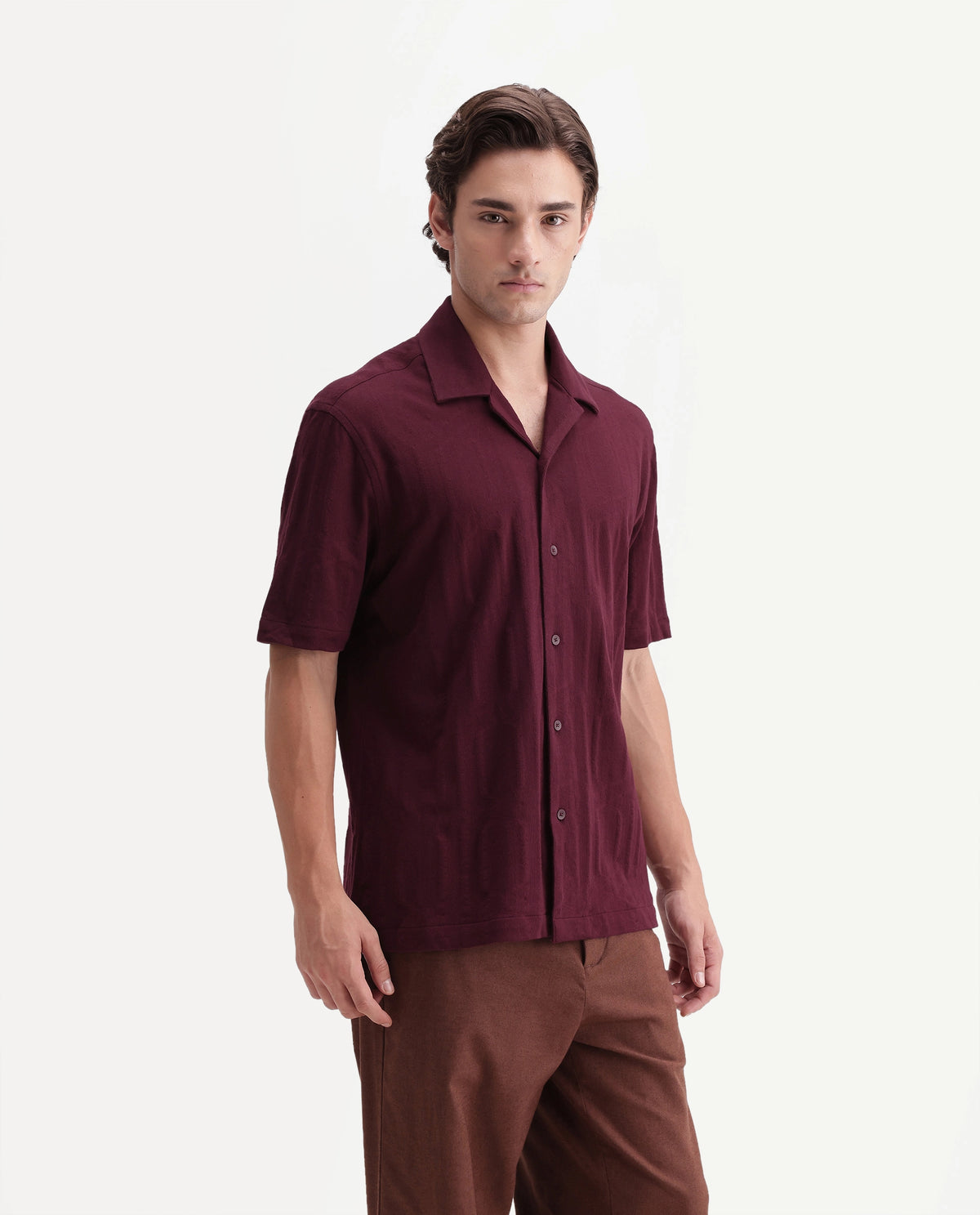 Rare Rabbit Men's Skol Dark Red Cotton Cuban Collar Relaxed Jacquard Shirt