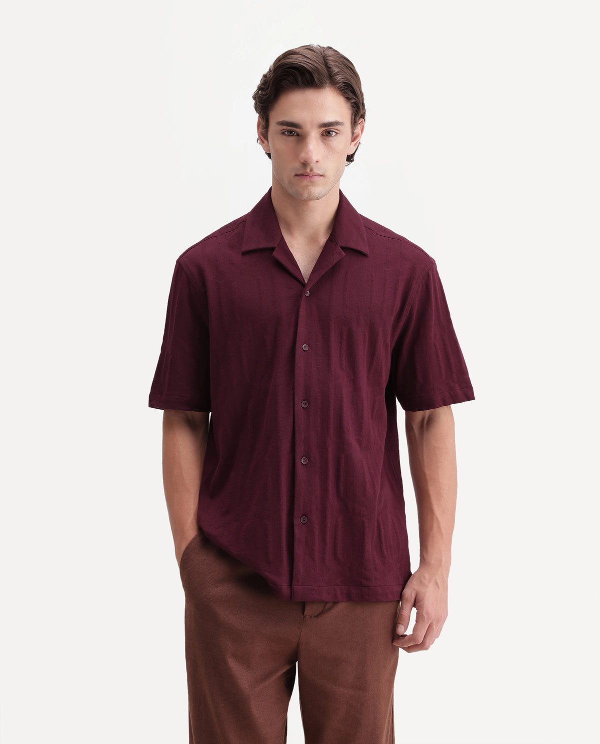 Rare Rabbit Men's Skol Dark Red Cotton Cuban Collar Relaxed Jacquard Shirt