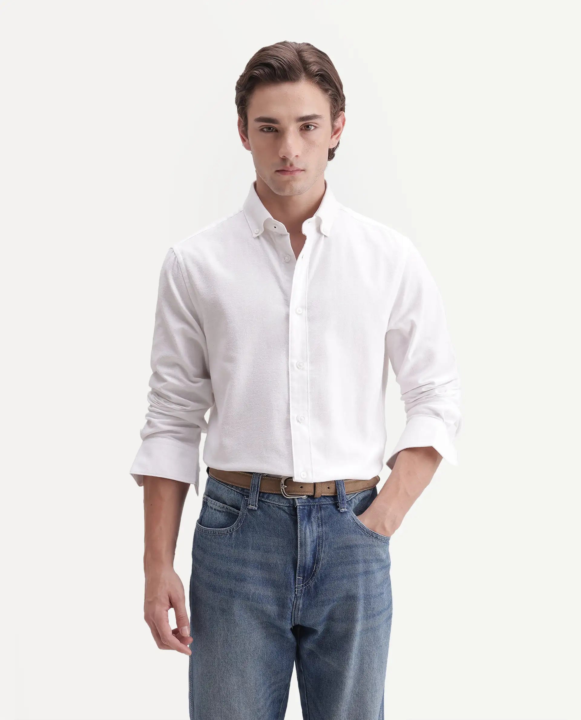Rare Rabbit Men's Carlos O White Cotton Button-Down Collar Regular Plain Shirt