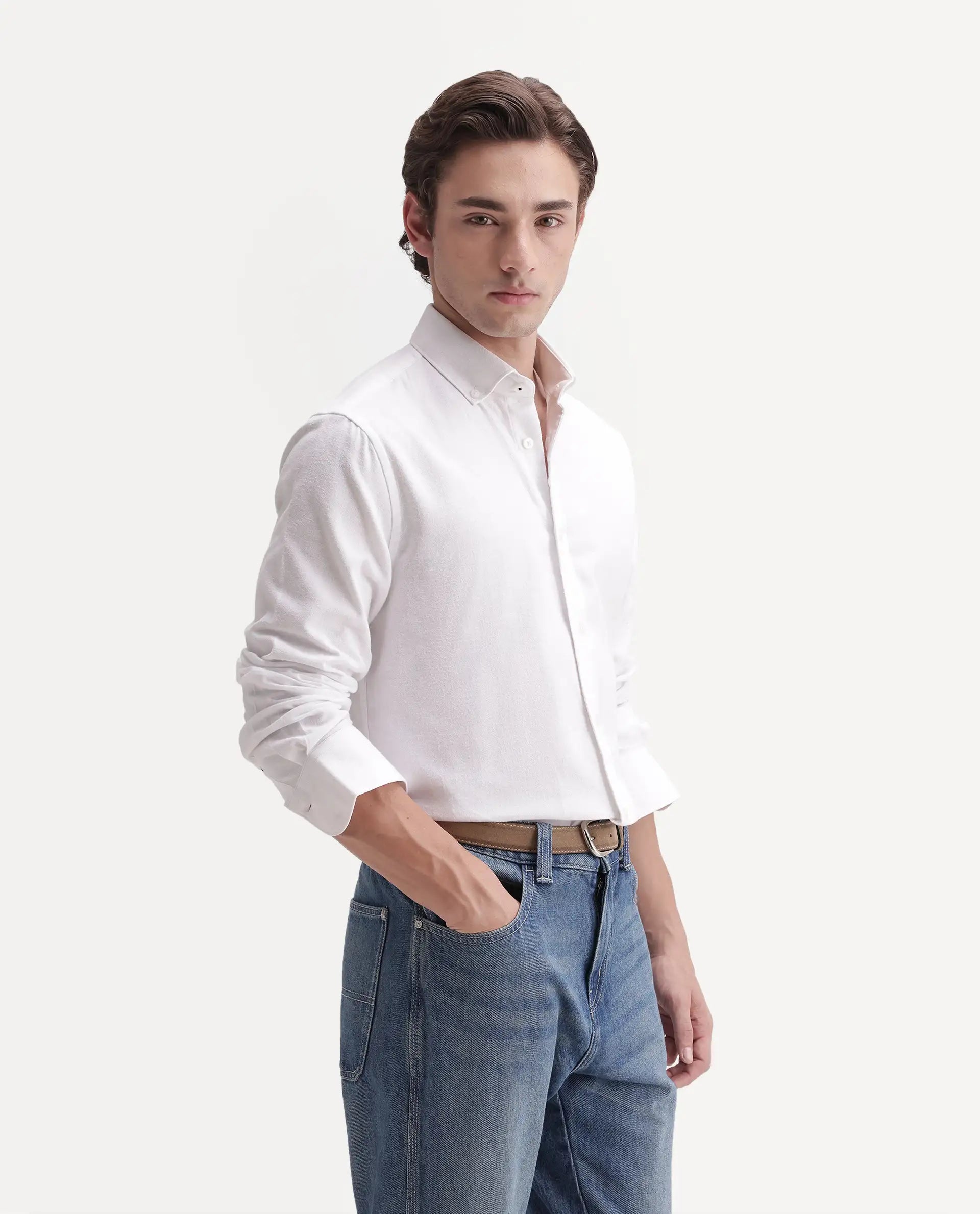 Rare Rabbit Men's Carlos O White Cotton Button-Down Collar Regular Plain Shirt