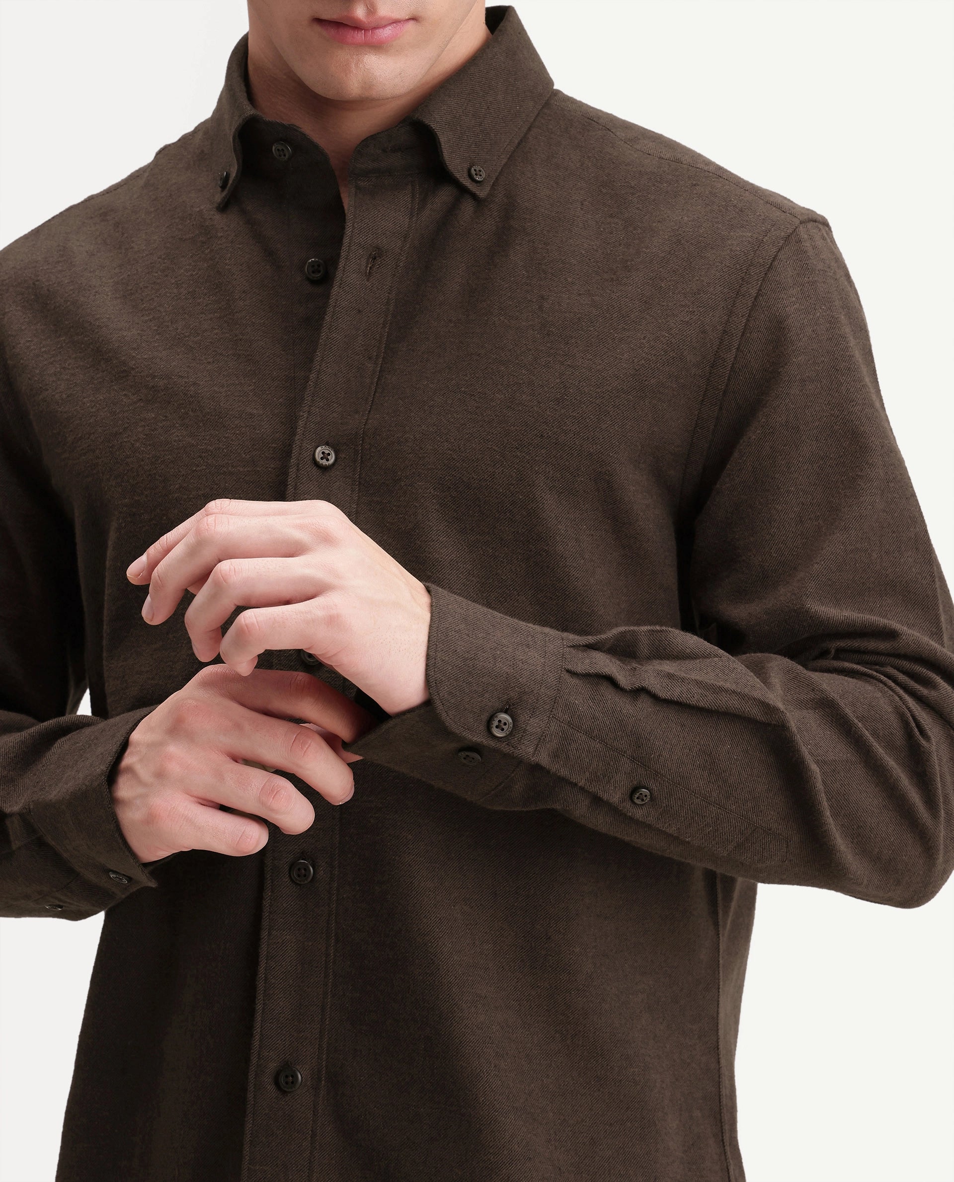Rare Rabbit Men's Carlos O Brown Cotton Button-Down Collar Regular Plain Shirt