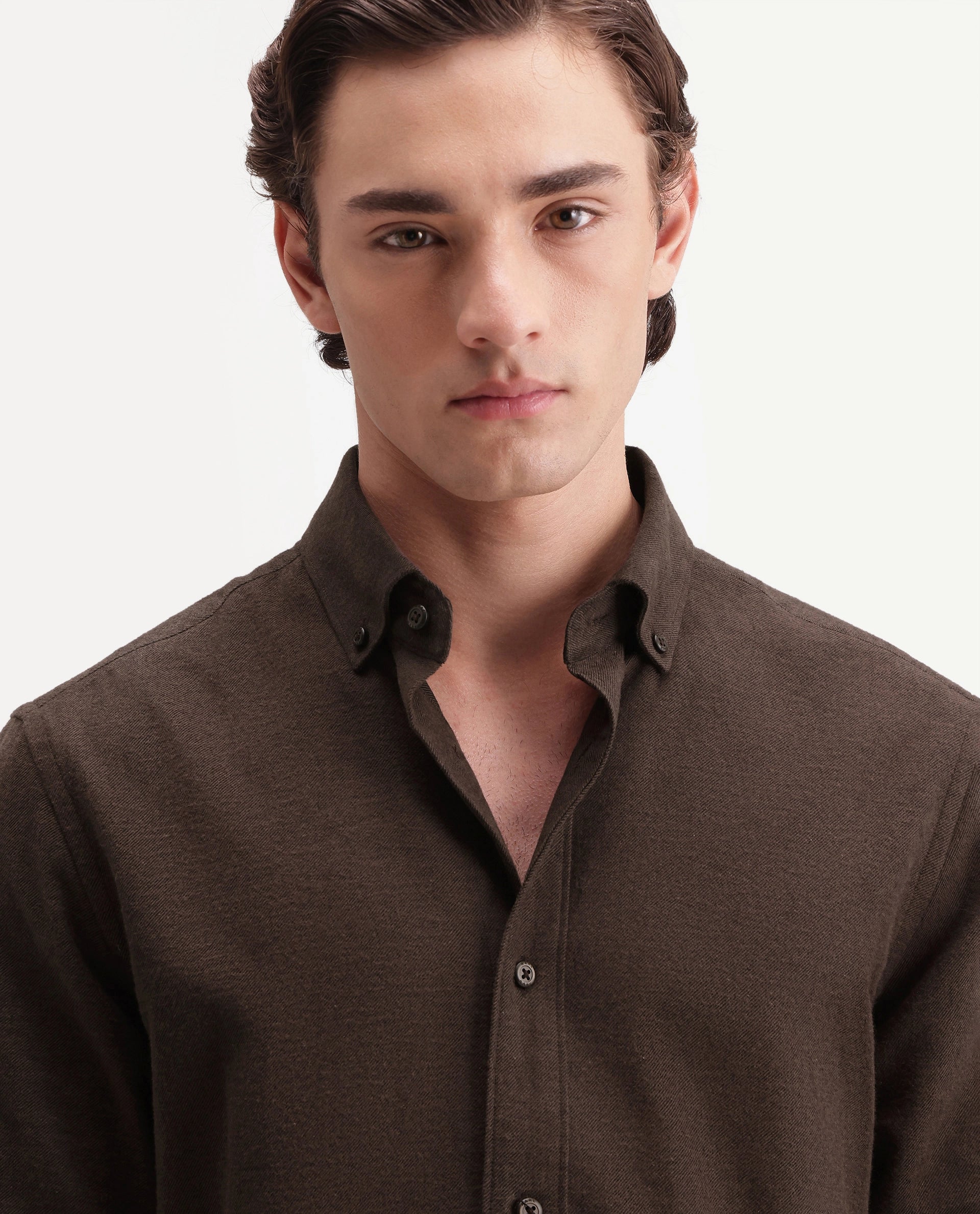 Rare Rabbit Men's Carlos O Brown Cotton Button-Down Collar Regular Plain Shirt