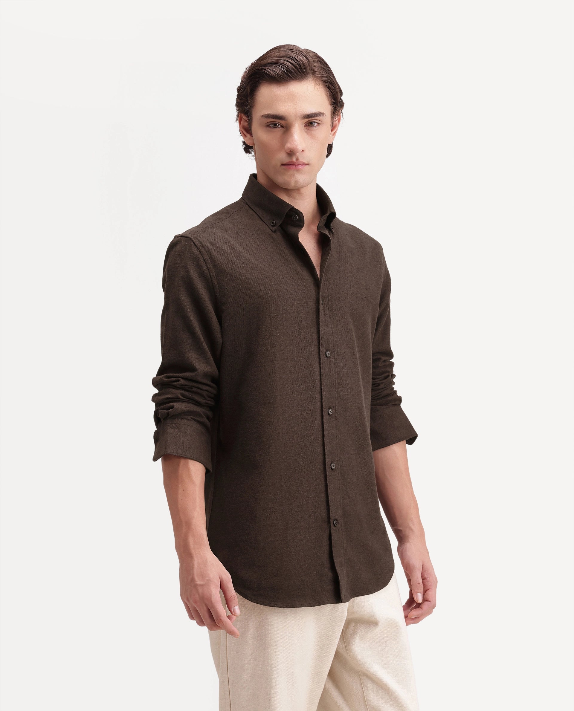Rare Rabbit Men's Carlos O Brown Cotton Button-Down Collar Regular Plain Shirt