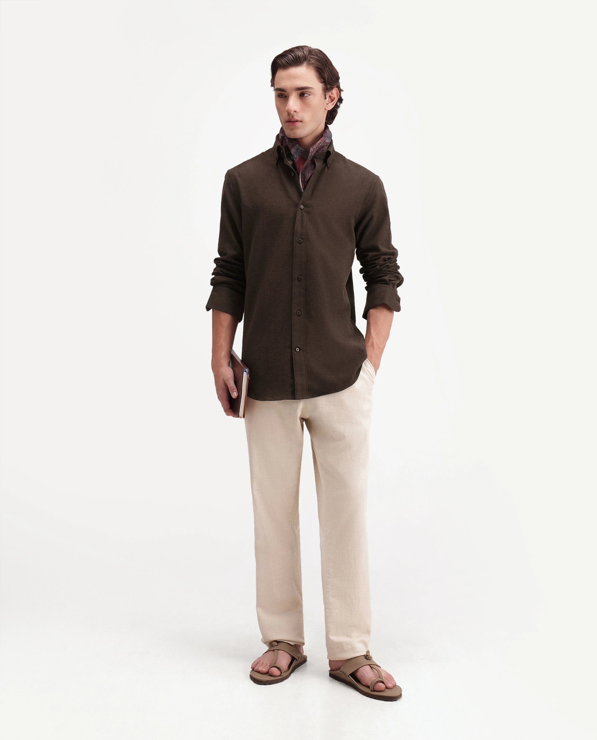 Rare Rabbit Men's Carlos O Brown Cotton Button-Down Collar Regular Plain Shirt