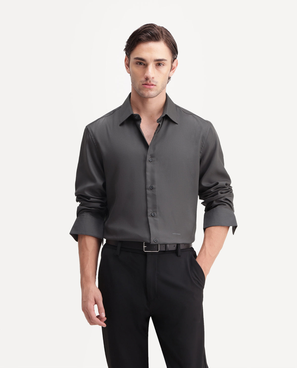Rare Rabbit Men's Pare Grey Cotton Blend Button-Down Collar Regular Plain Shirt