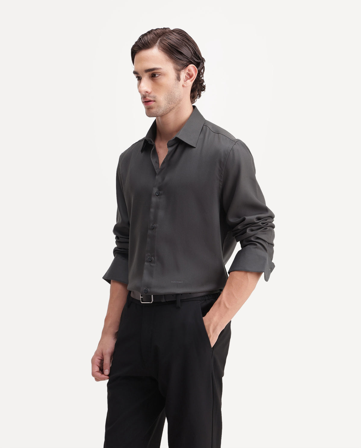 Rare Rabbit Men's Pare Grey Cotton Blend Button-Down Collar Regular Plain Shirt