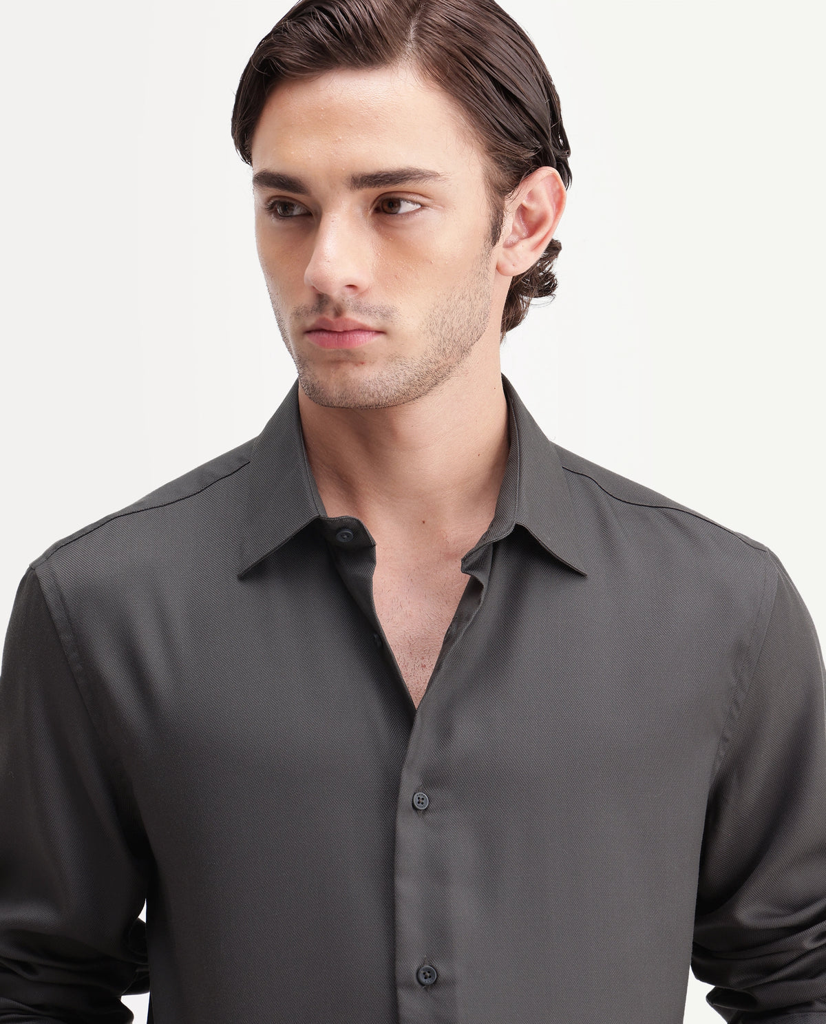 Rare Rabbit Men's Pare Grey Cotton Blend Button-Down Collar Regular Plain Shirt