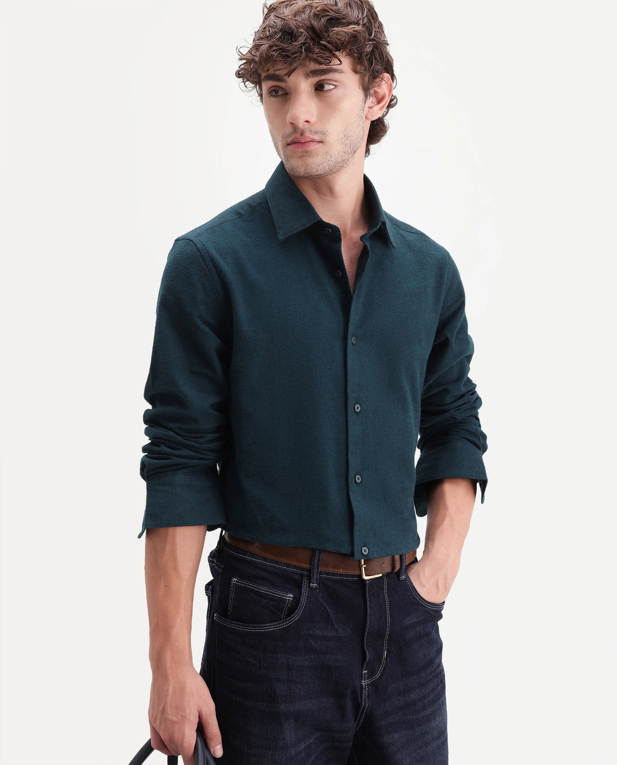 Rare Rabbit Men's Carlos D Dark Purple Chambray Twill Spread Collar Regular Plain Shirt