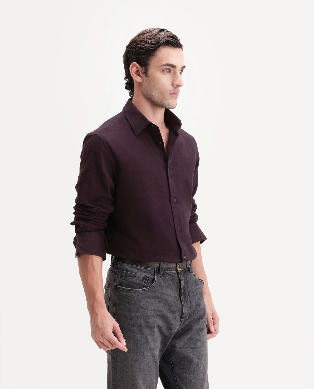 Rare Rabbit Men's Carlos D Dark Red Chambray twill Spread Collar Regular Plain Shirt