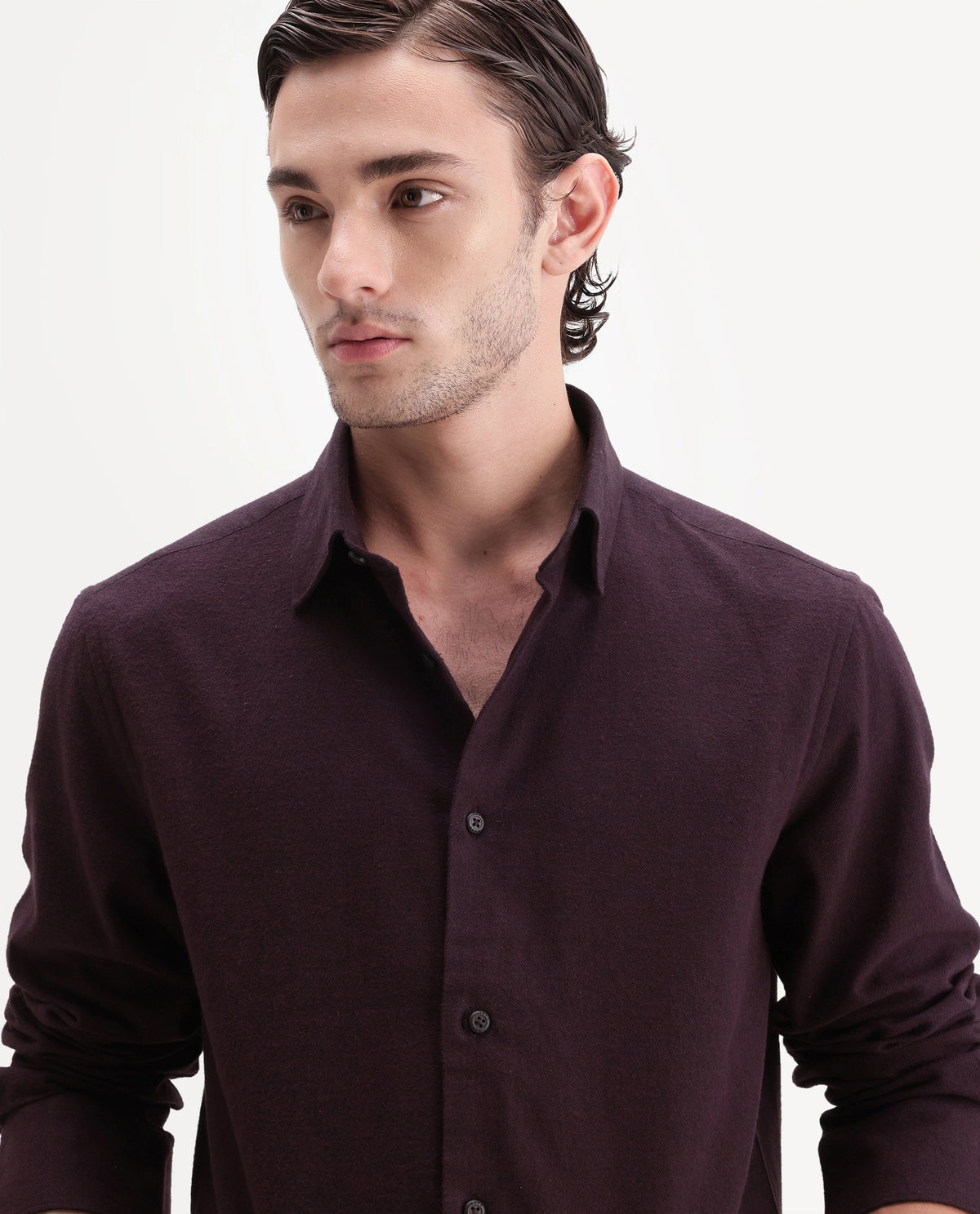Rare Rabbit Men's Carlos D Dark Red Chambray twill Spread Collar Regular Plain Shirt