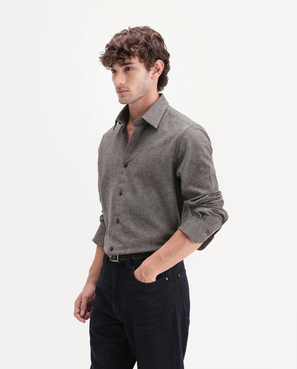 Rare Rabbit Men's Carlos D Brown chambray twill Spread Collar Regular Plain Shirt