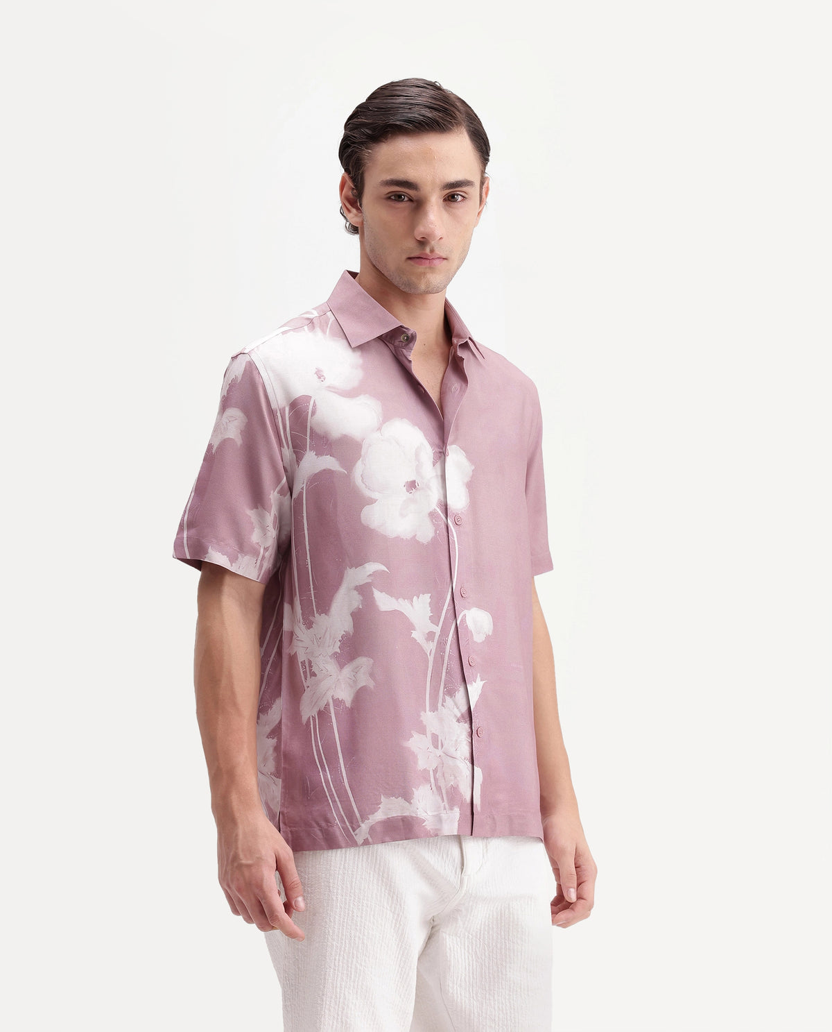 Rare Rabbit Men's Groti Dusky Pink Viscose Blend Floral Print Relaxed Fit Half Sleeve Collared Shirt