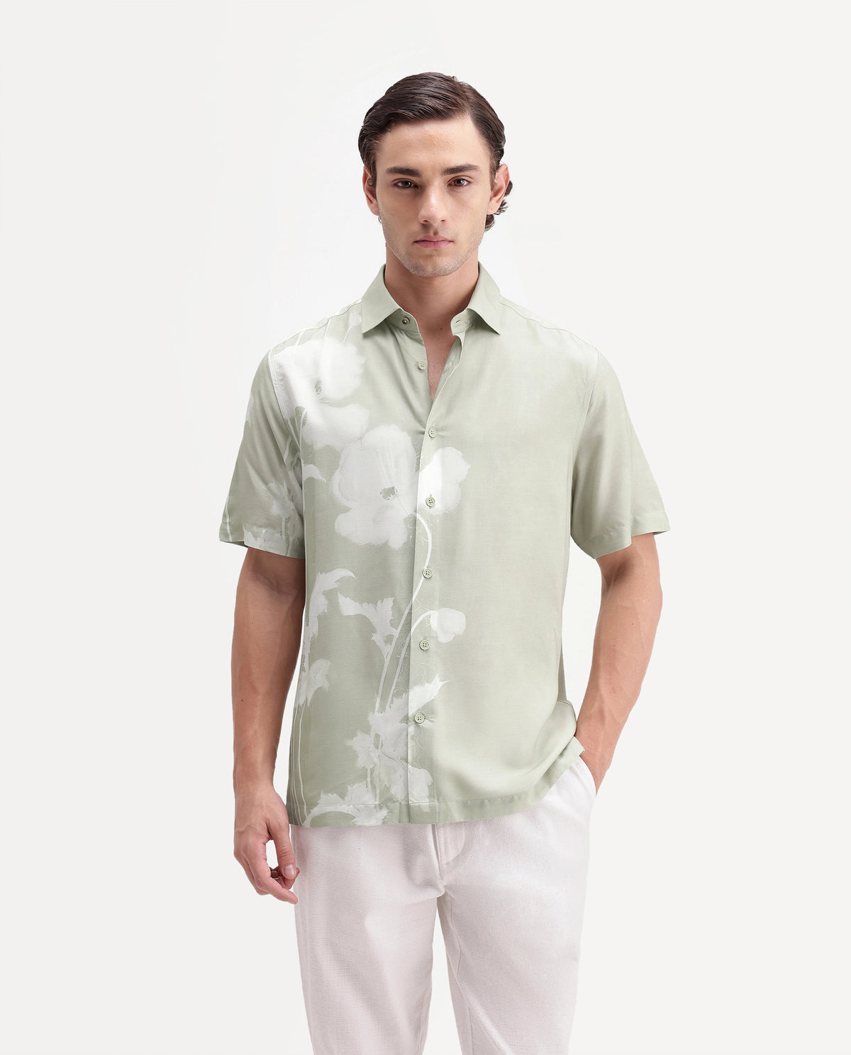 Rare Rabbit Men's Groti Dusky Green Viscose Blend Floral Print Relaxed Fit Half Sleeve Collared Shirt