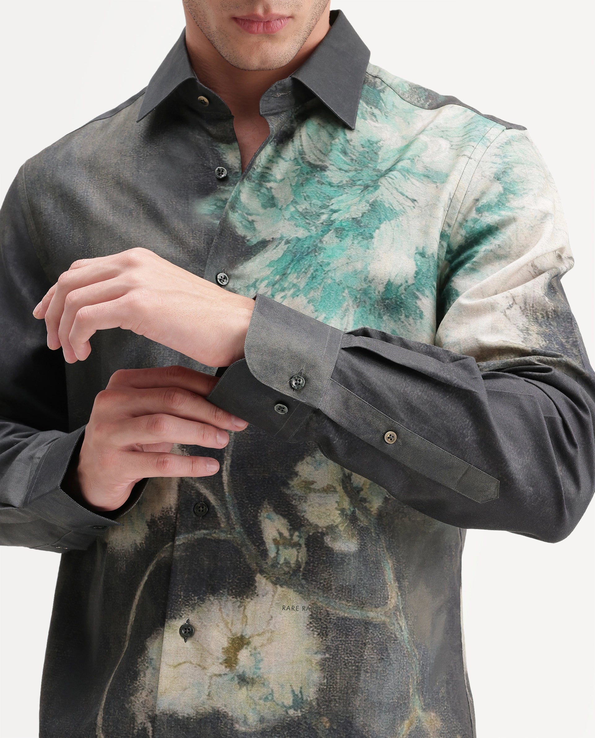 Rare Rabbit Men's Doru Dusky Green Cotton Blend Spread Collar Regular Floral Print Shirt
