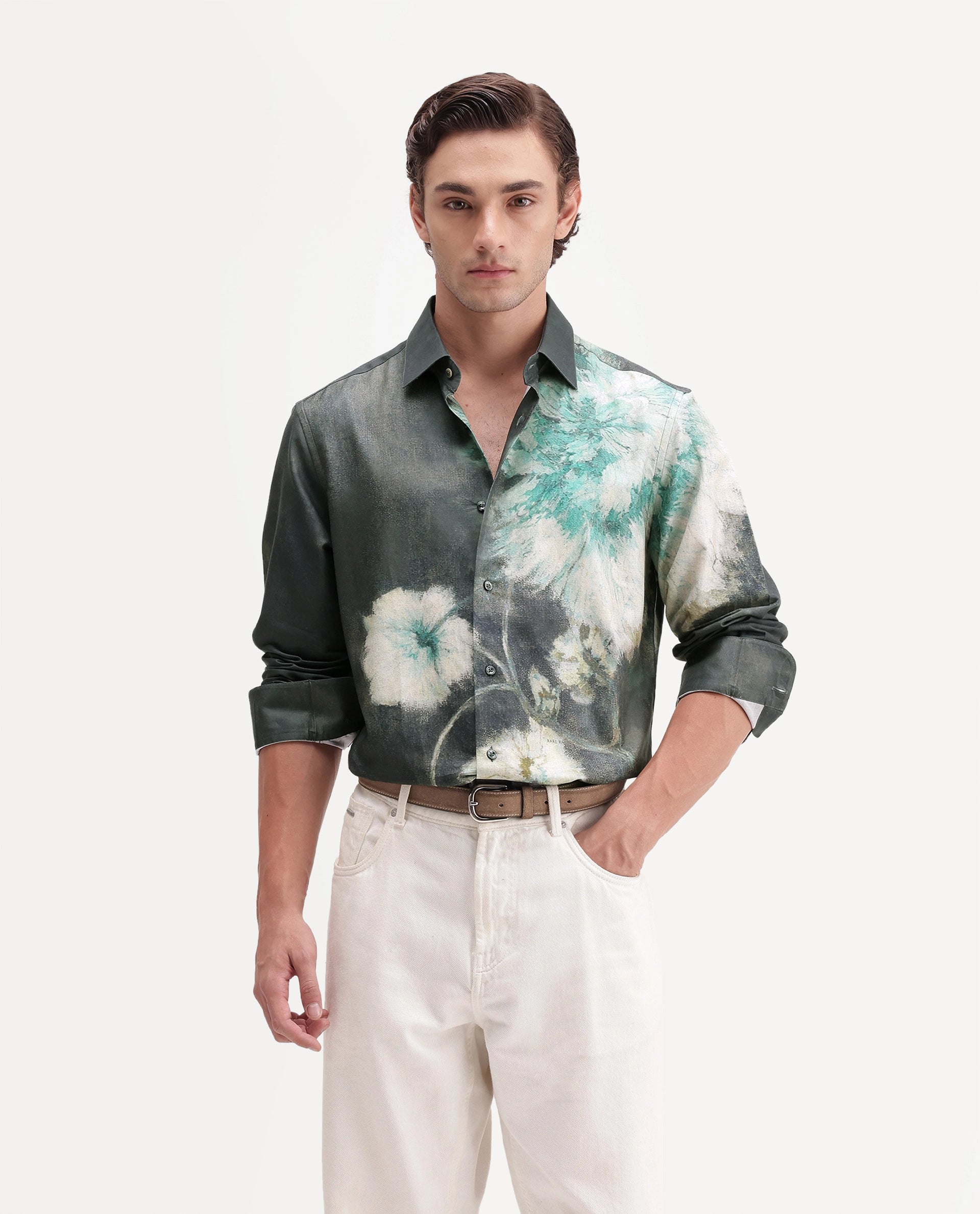 Rare Rabbit Men's Doru Dusky Green Cotton Blend Spread Collar Regular Floral Print Shirt
