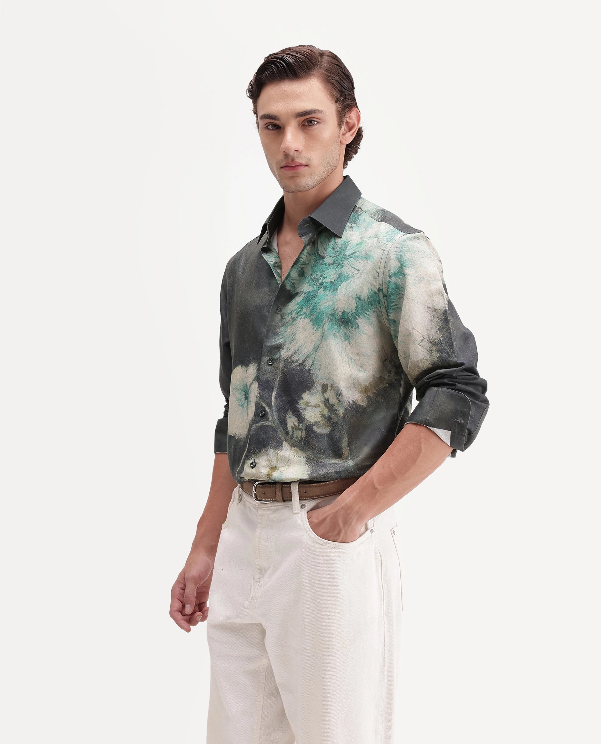 Rare Rabbit Men's Doru Dusky Green Cotton Blend Spread Collar Regular Floral Print Shirt