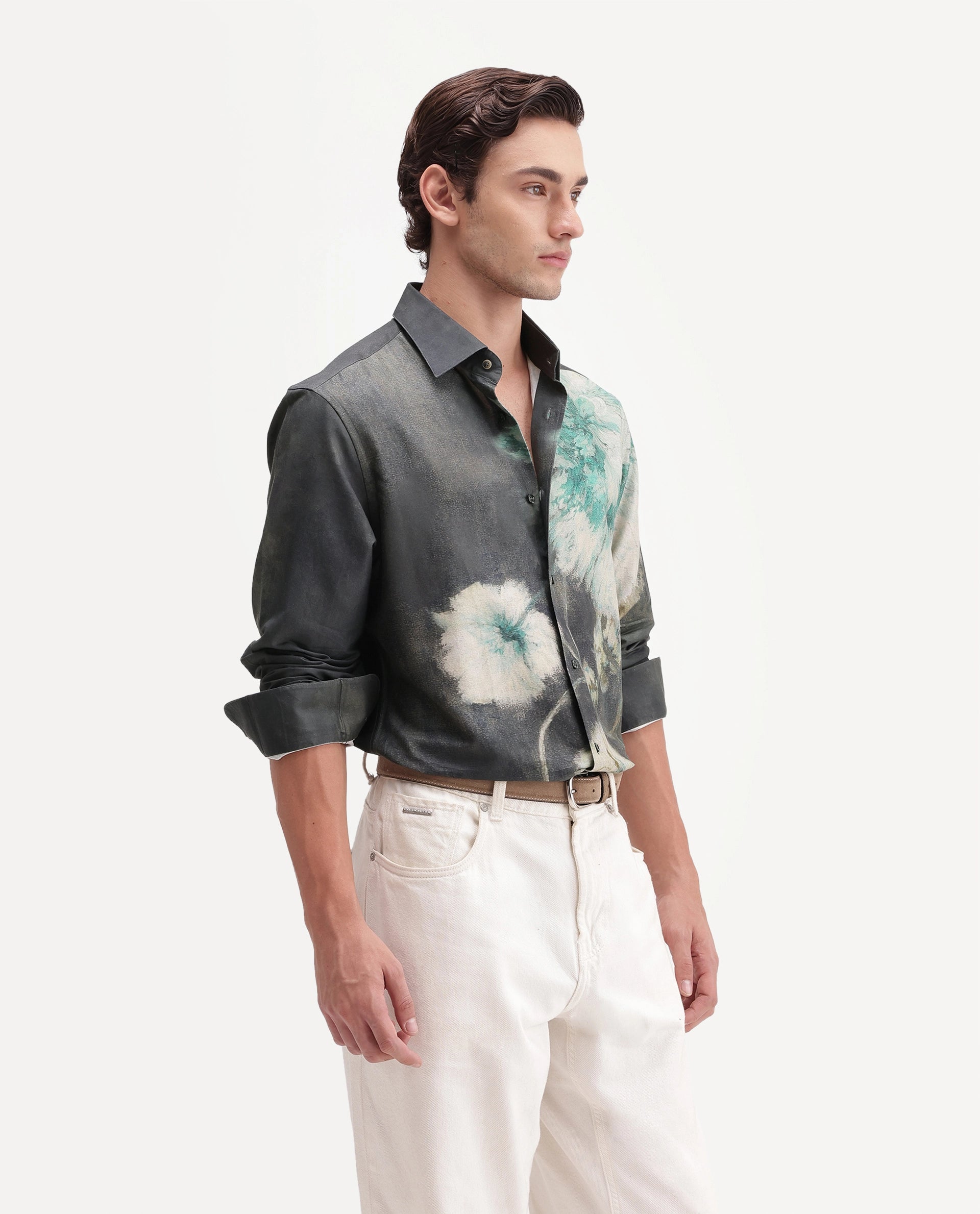 Rare Rabbit Men's Doru Dusky Green Cotton Blend Spread Collar Regular Floral Print Shirt