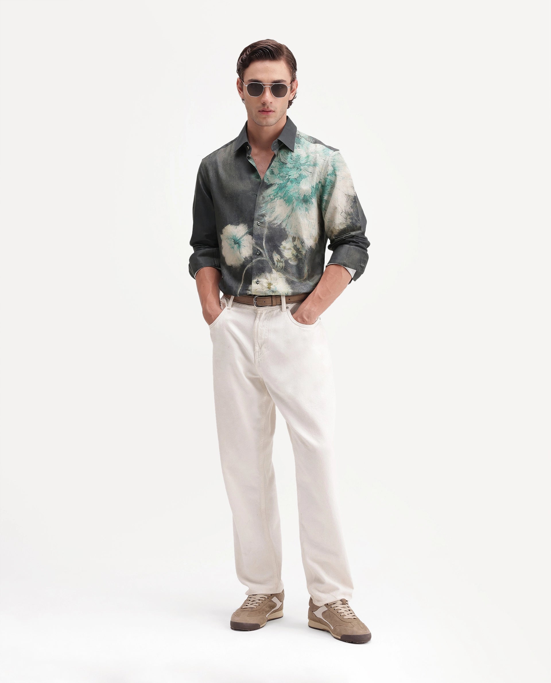 Rare Rabbit Men's Doru Dusky Green Cotton Blend Spread Collar Regular Floral Print Shirt