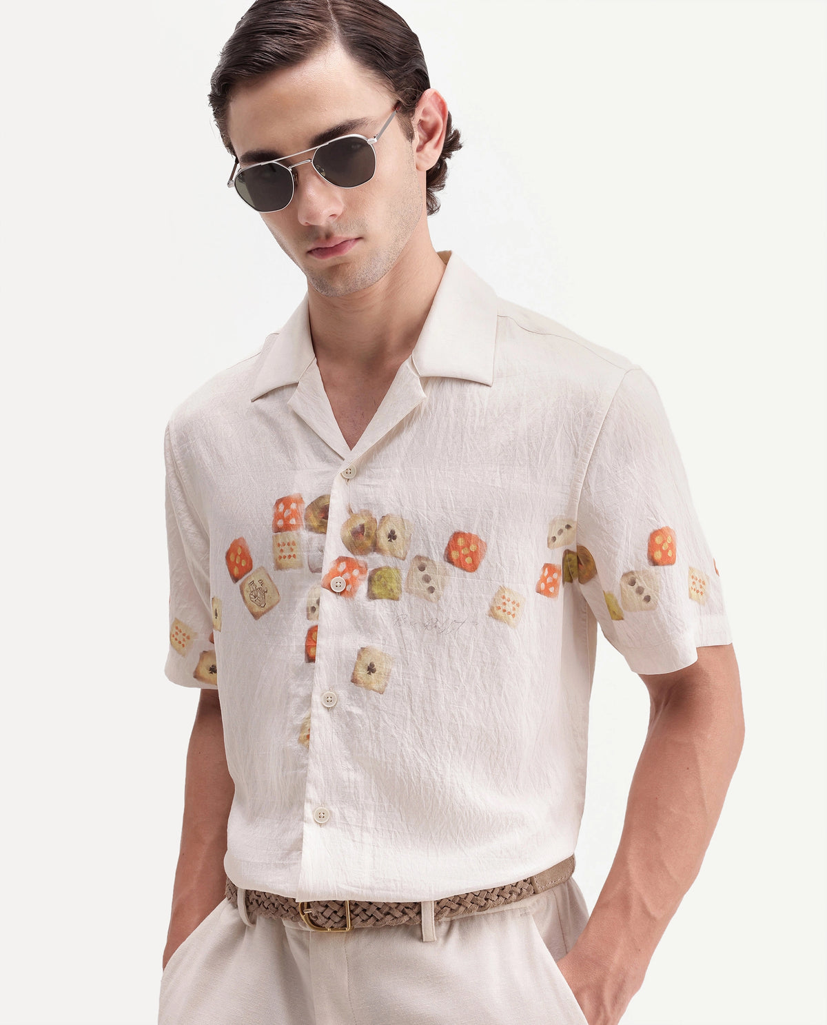 Rare Rabbit Men's Jot Light Beige Viscose Blend Cuban Collar Regular Printed Shirt