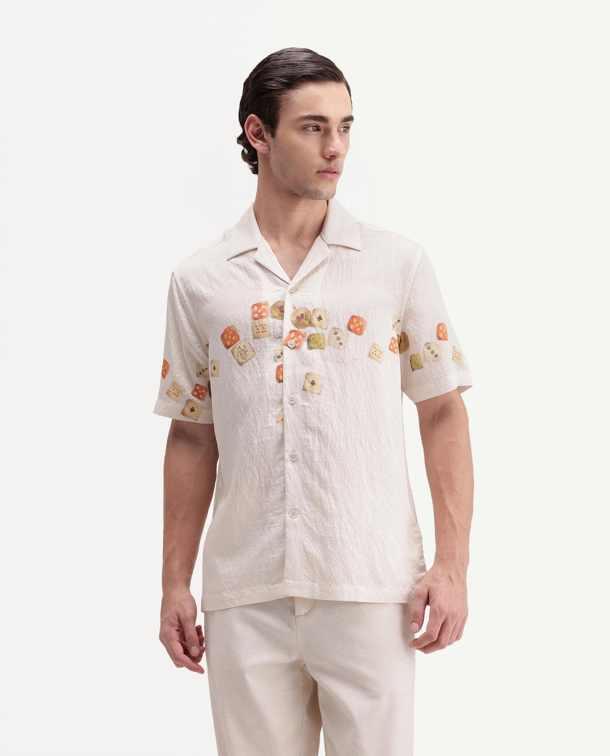 Rare Rabbit Men's Jot Light Beige Viscose Blend Cuban Collar Regular Printed Shirt