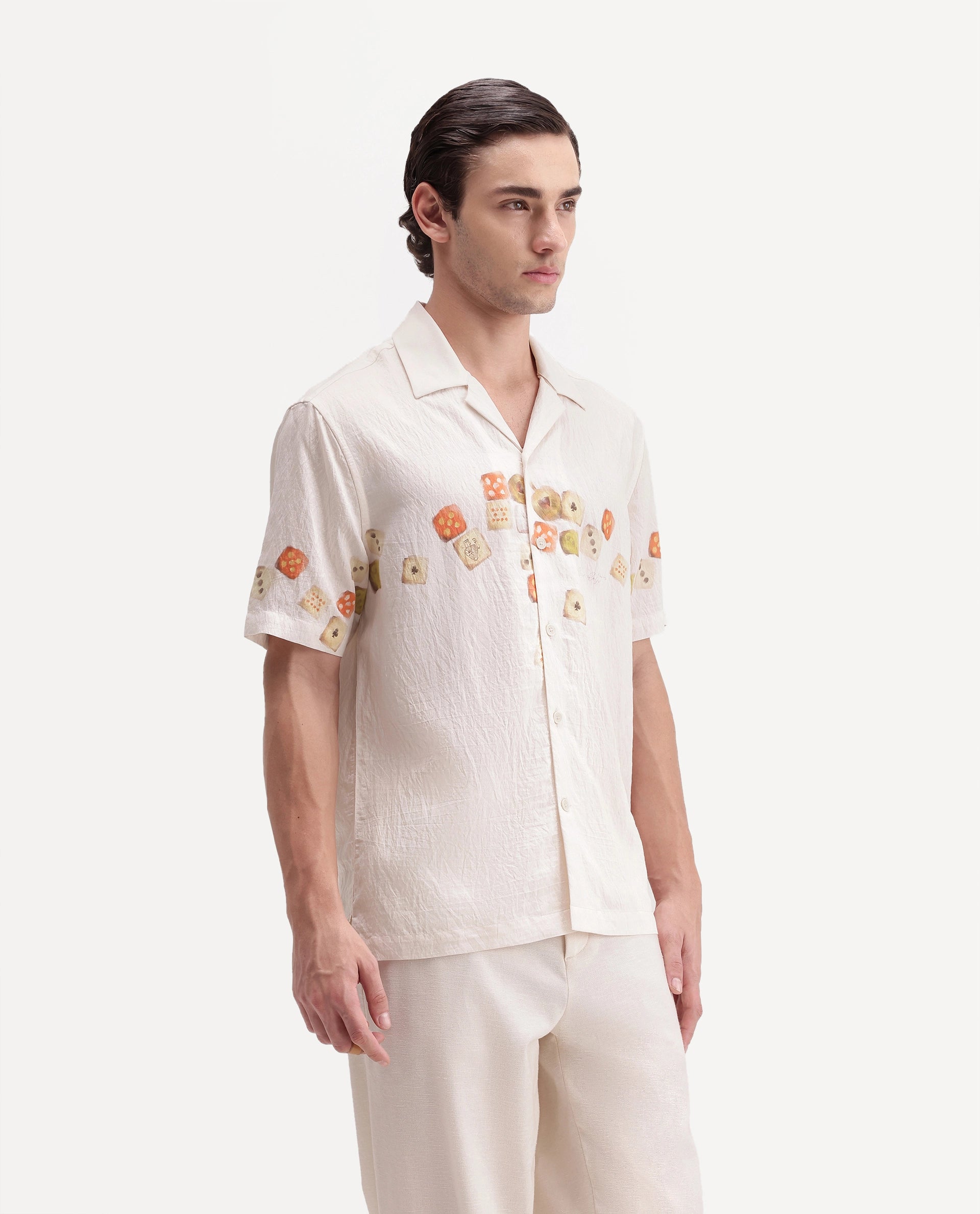 Rare Rabbit Men's Jot Light Beige Viscose Blend Cuban Collar Regular Printed Shirt