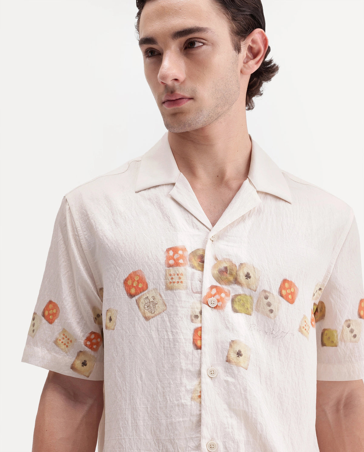 Rare Rabbit Men's Jot Light Beige Viscose Blend Cuban Collar Regular Printed Shirt