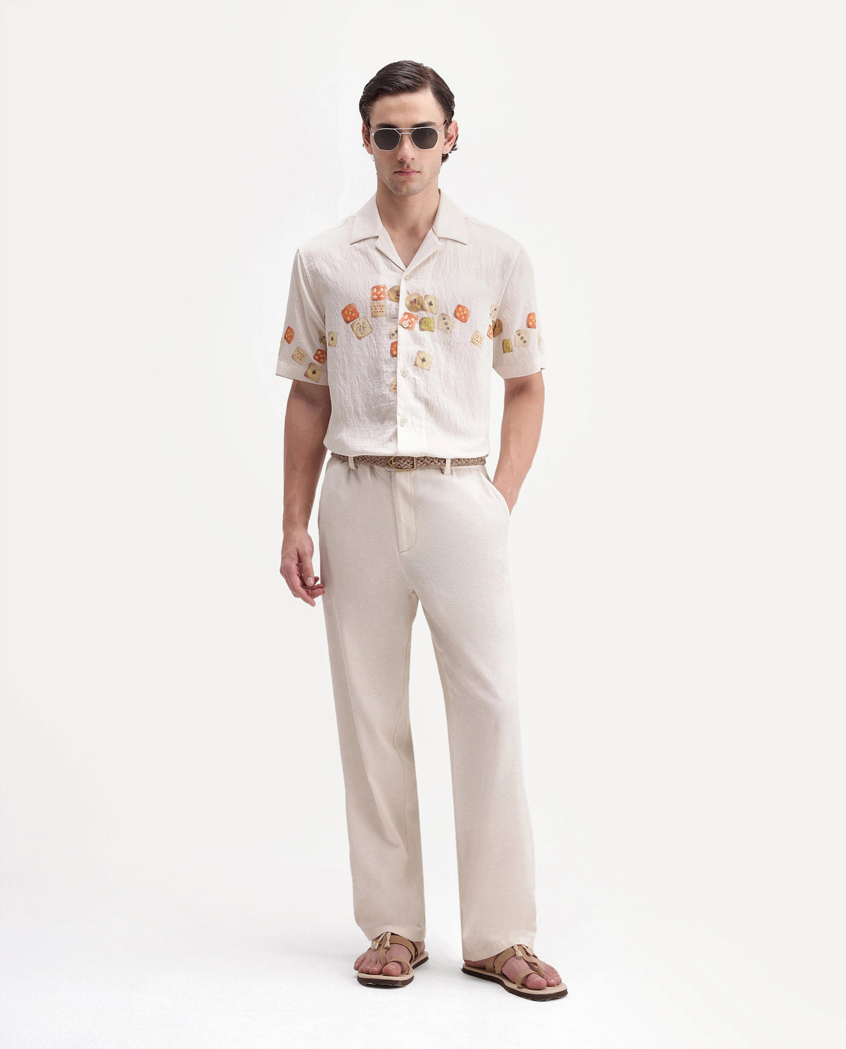 Rare Rabbit Men's Jot Light Beige Viscose Blend Cuban Collar Regular Printed Shirt