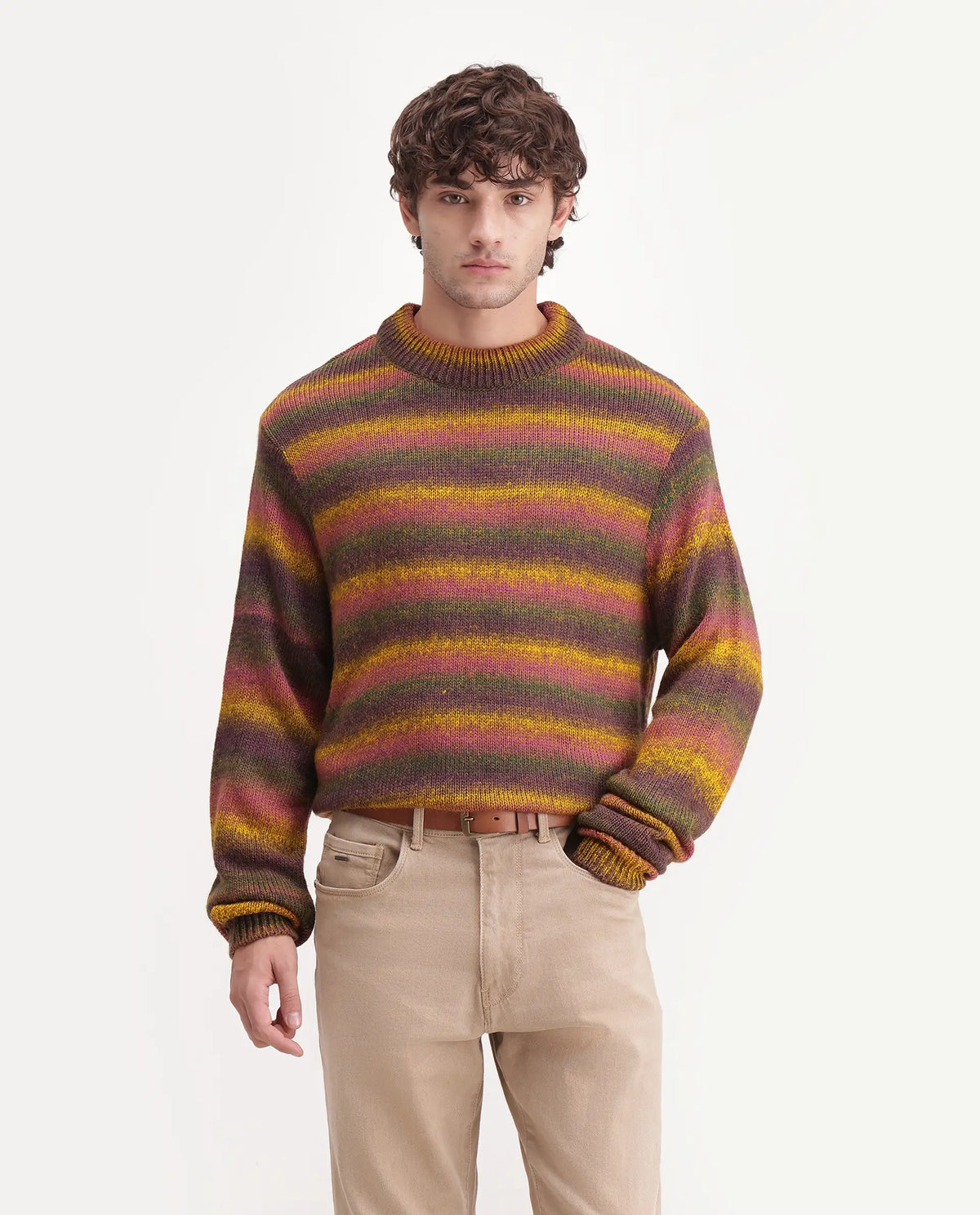 Rare Rabbit Men's Finn Multi Acrylic Crew Neck Regular Striped Sweater