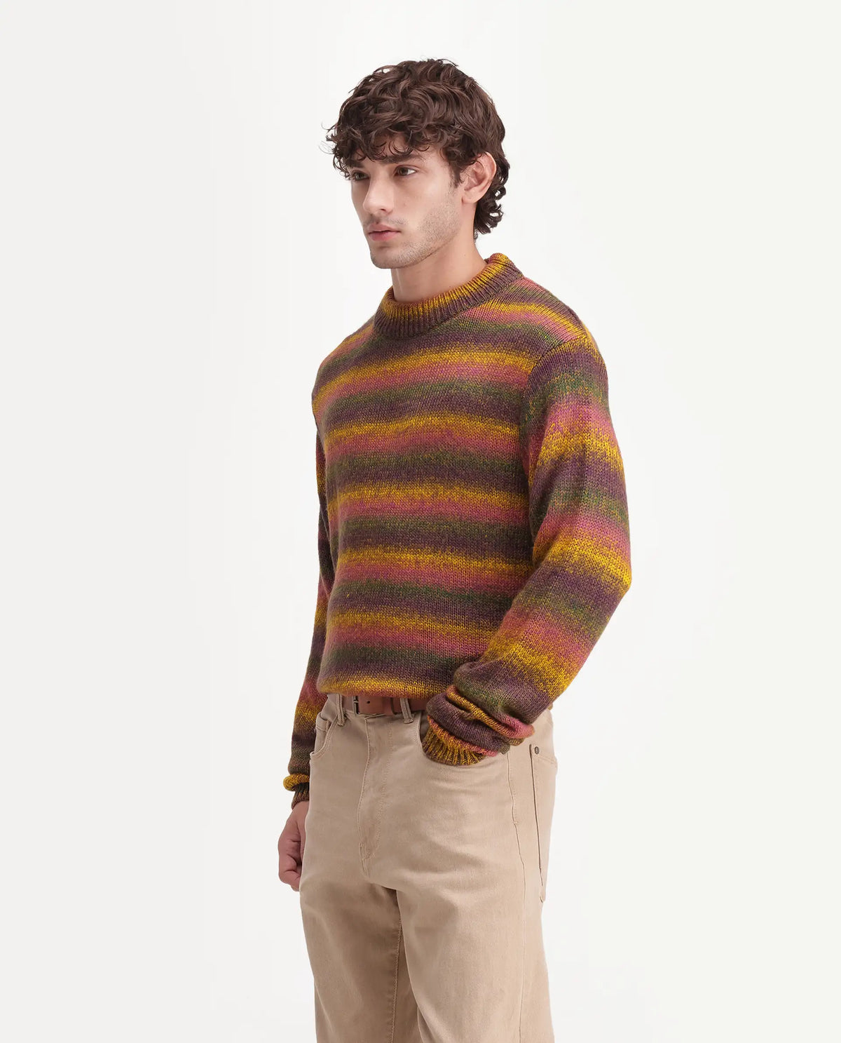 Rare Rabbit Men's Finn Multi Acrylic Crew Neck Regular Striped Sweater