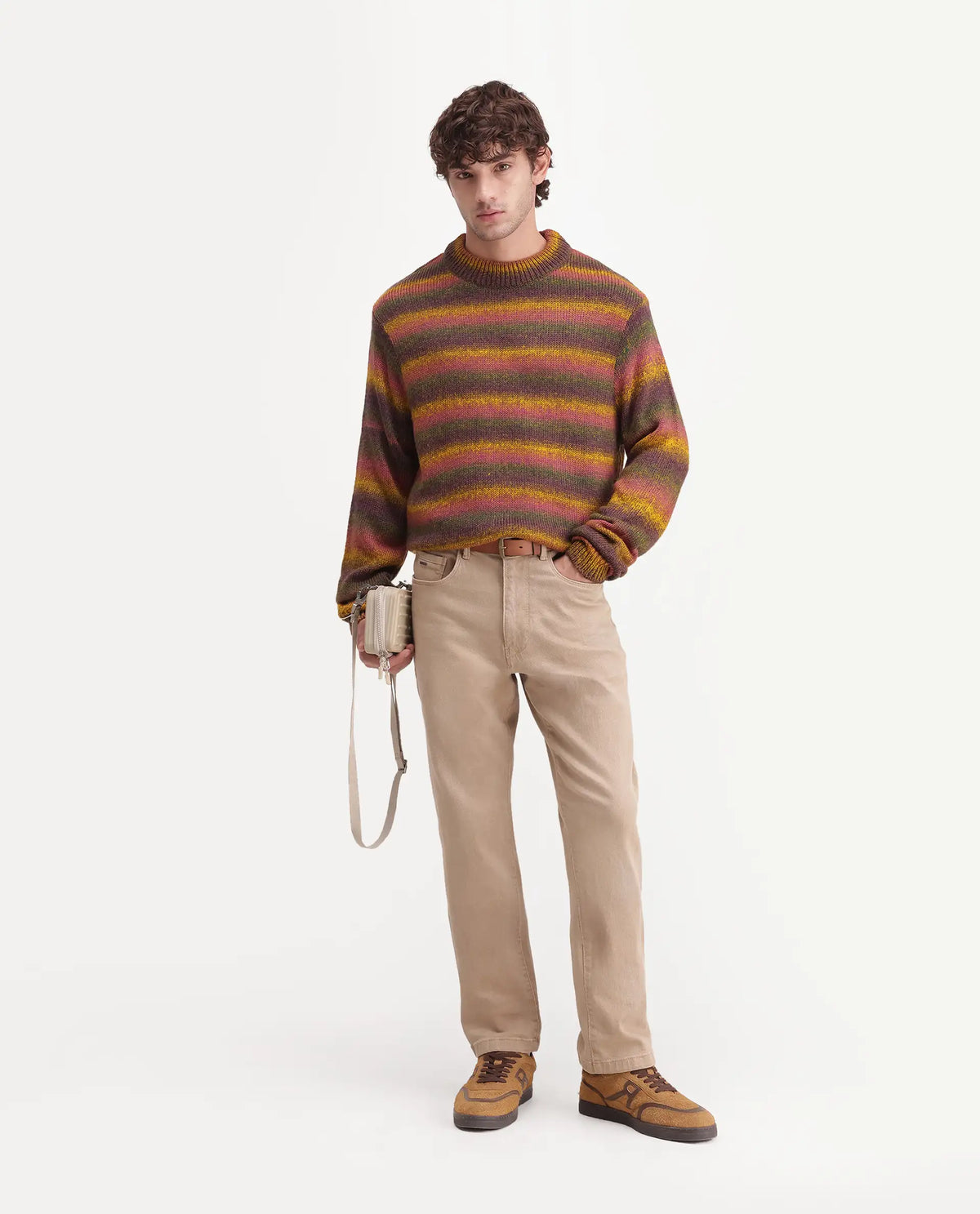 Rare Rabbit Men's Finn Multi Acrylic Crew Neck Regular Striped Sweater