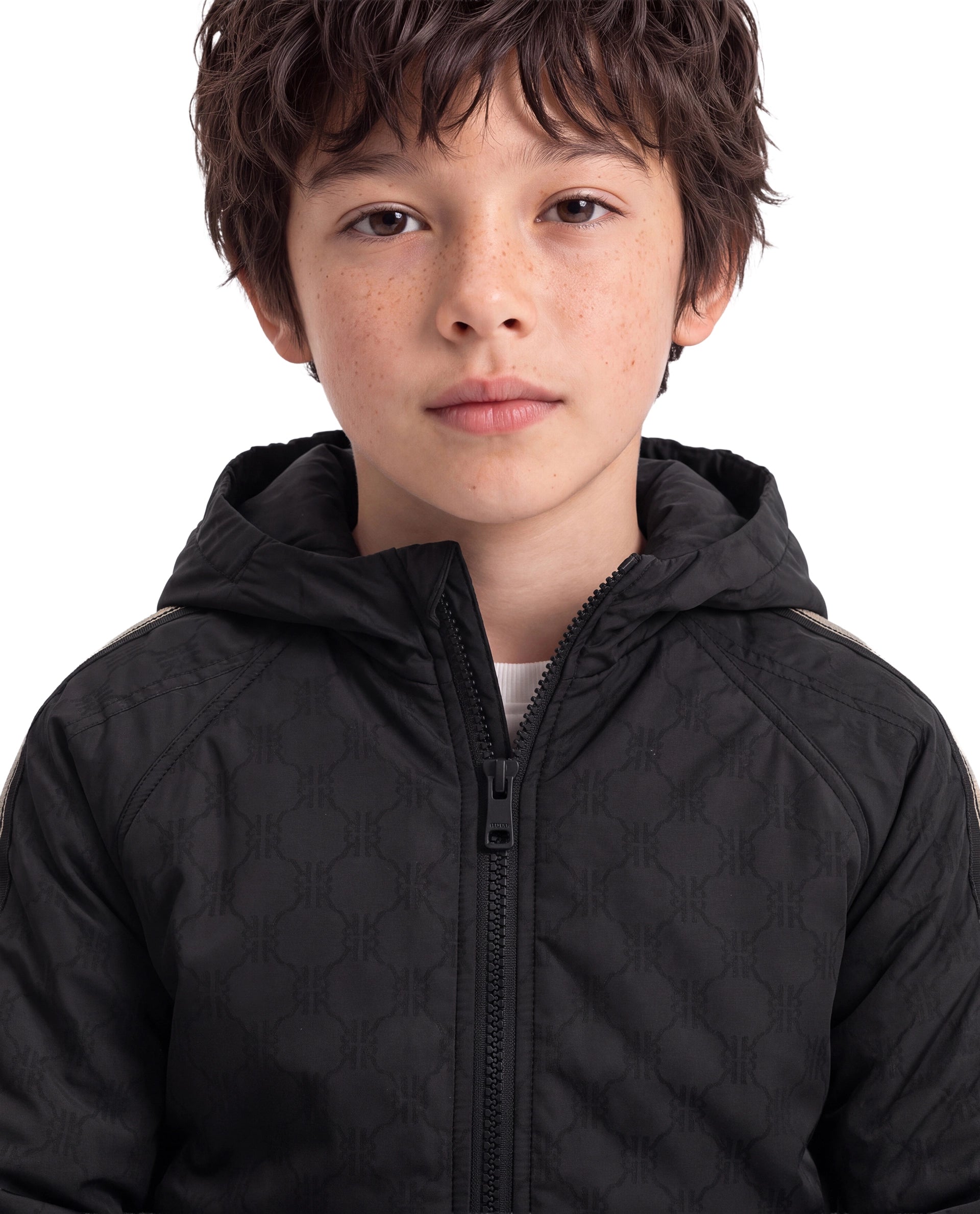 Rare Ones Kids Grami Black Polyester Fabric Zipper Closure Regular Fit Monogram Print Jacket
