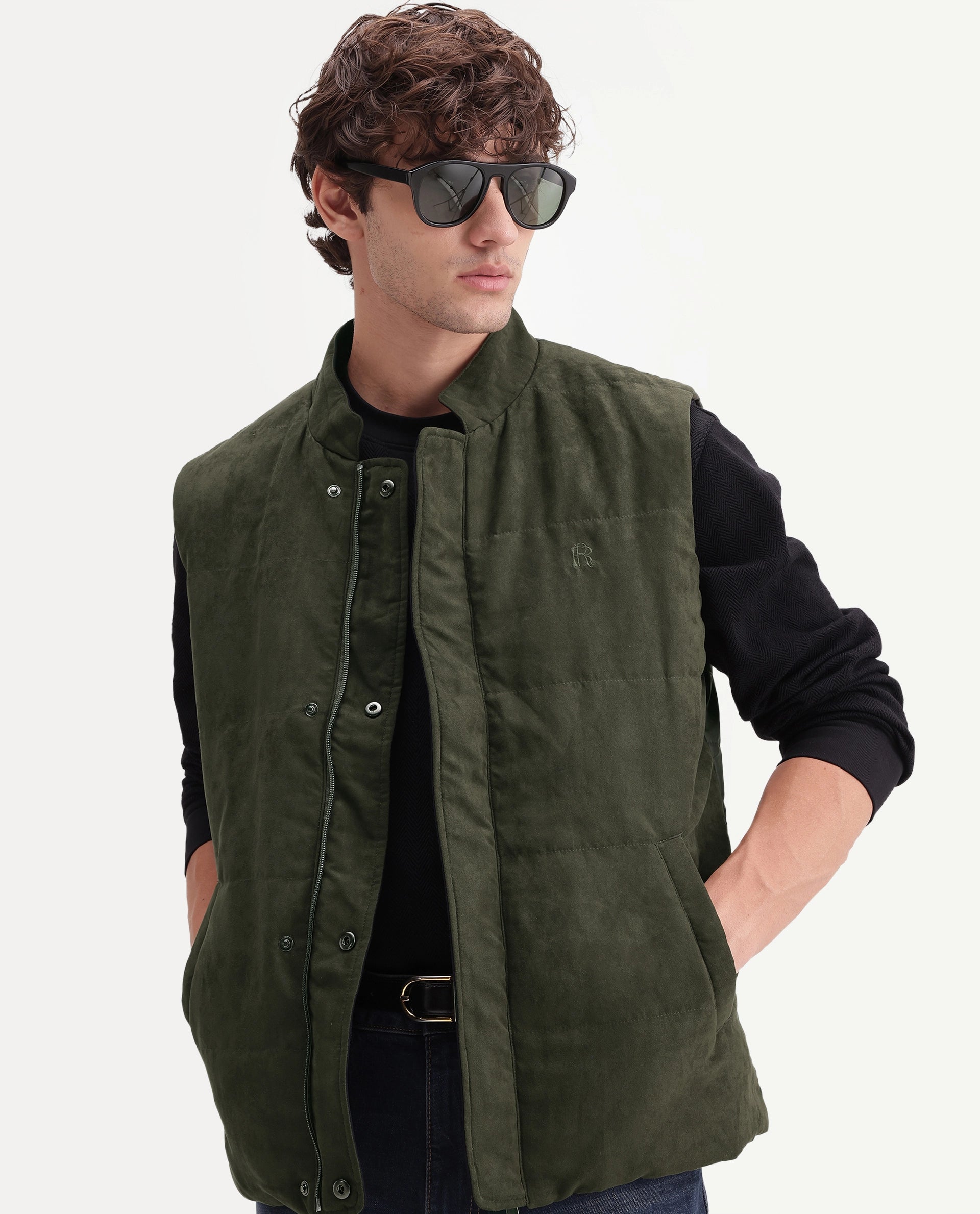 Rare Rabbit Men's Raldos-26 Olive Polyester High Neck Regular Plain Jacket