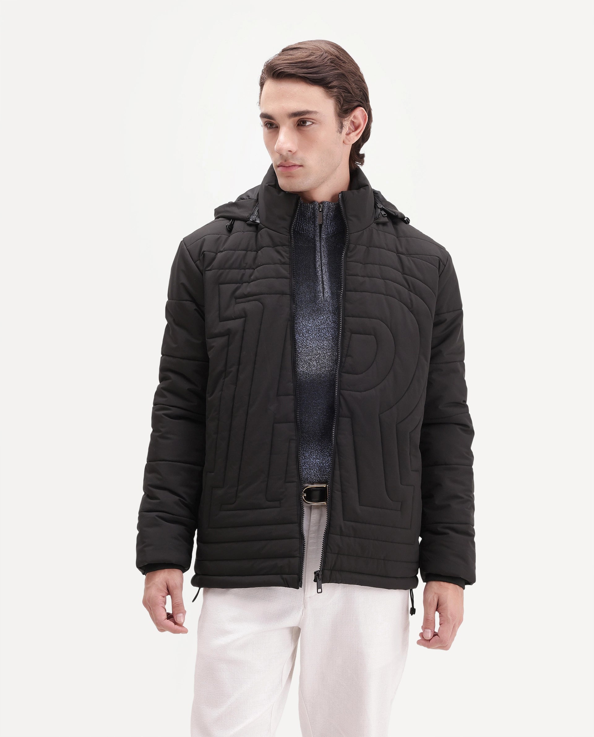 Rare Rabbit Men's Quilto Black Polyester Hooded Regular Plain Jacket