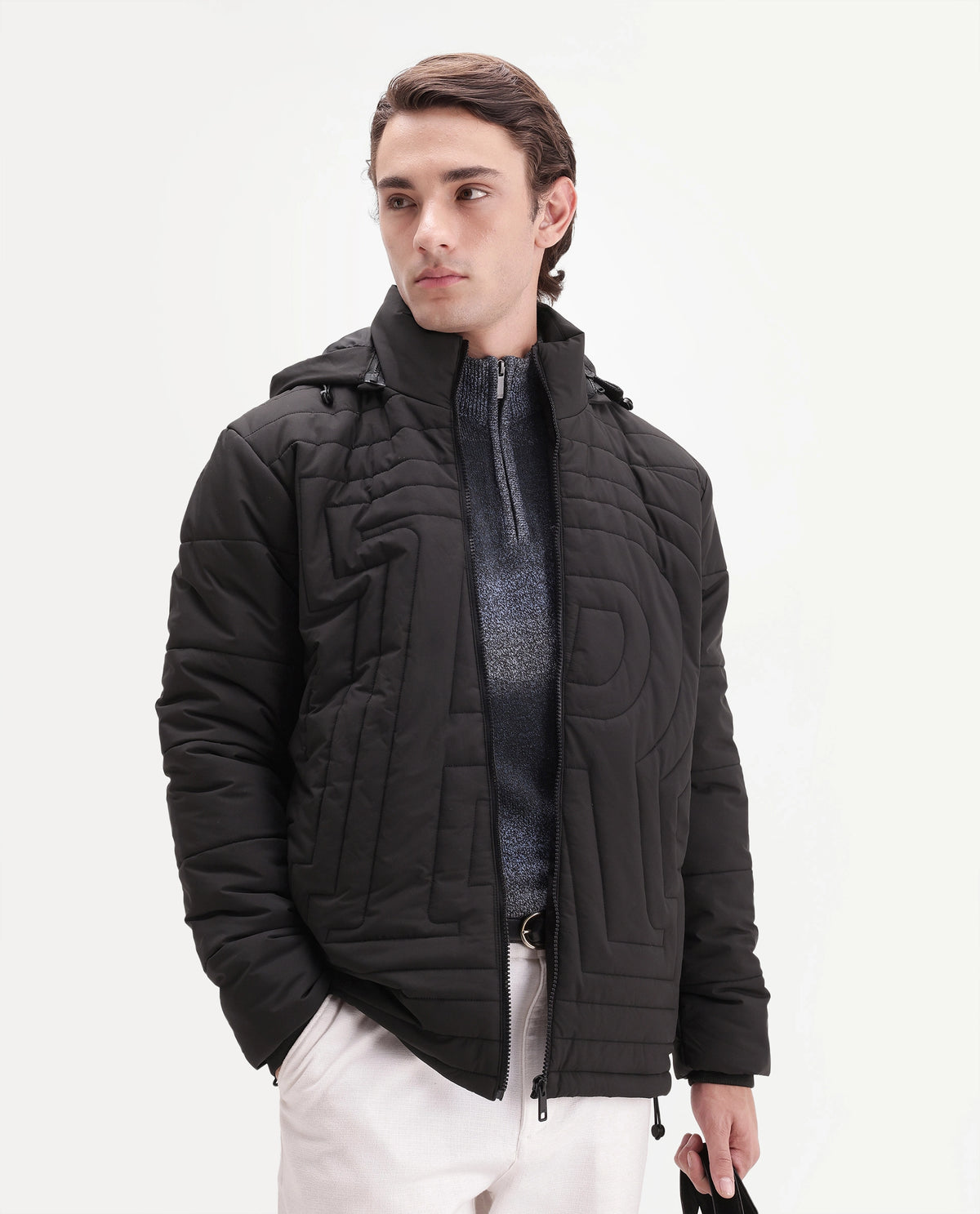 Rare Rabbit Men's Quilto Black Polyester Hooded Regular Plain Jacket