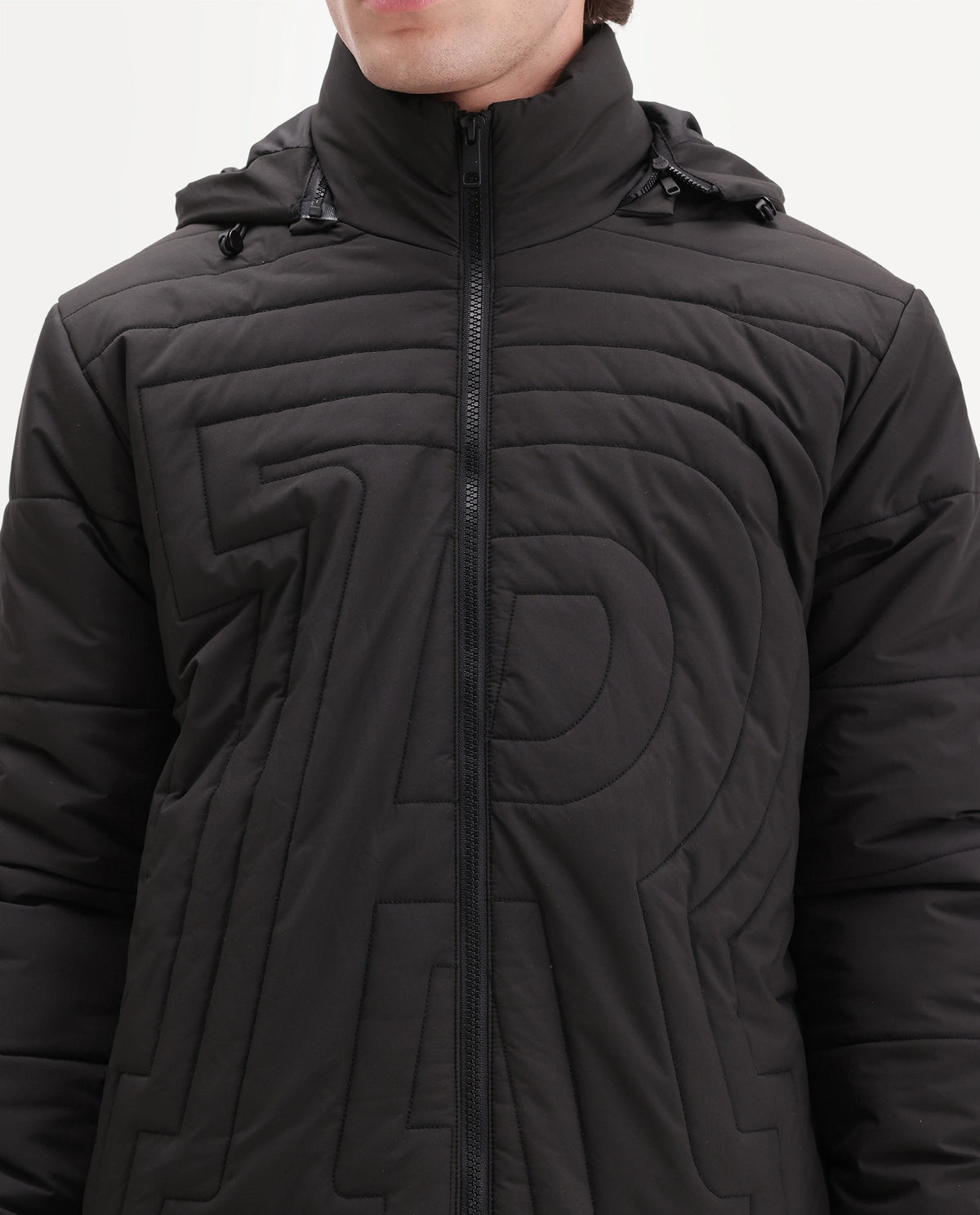 Rare Rabbit Men's Quilto Black Polyester Hooded Regular Plain Jacket