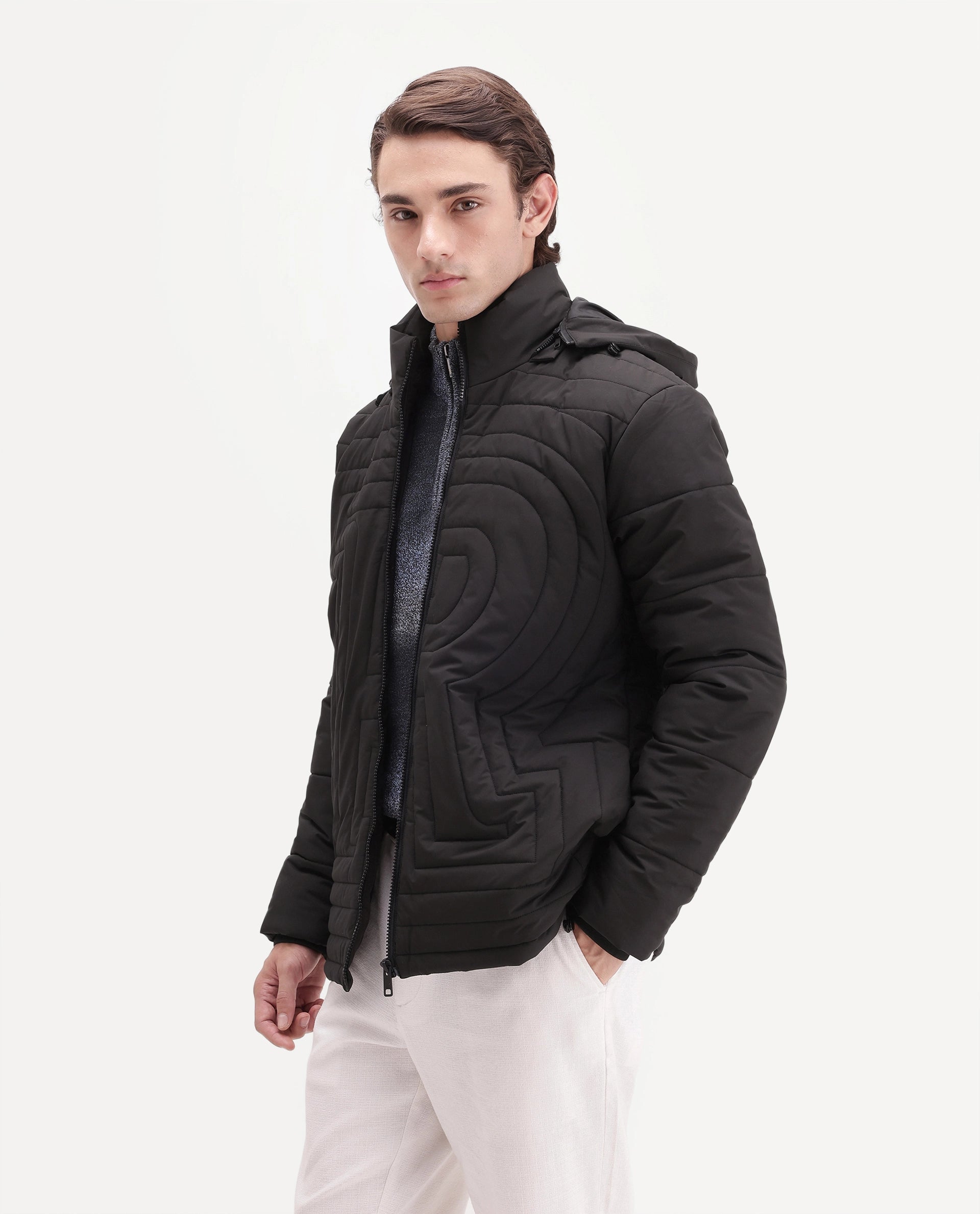 Rare Rabbit Men's Quilto Black Polyester Hooded Regular Plain Jacket