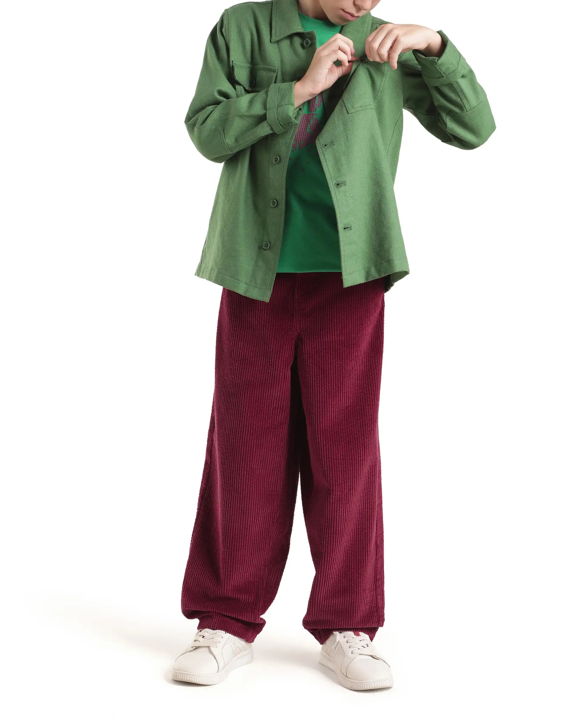 Rare Ones Kids Caro-T Dark Red Cotton Fabric Button And Zip Closure Regular Fit Plain Trouser