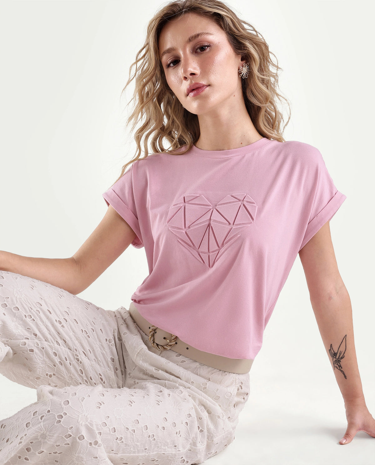 Rareism Women's Moxies Light Pink Cotton Blend Crew Neck Relaxed Object Print T-Shirt