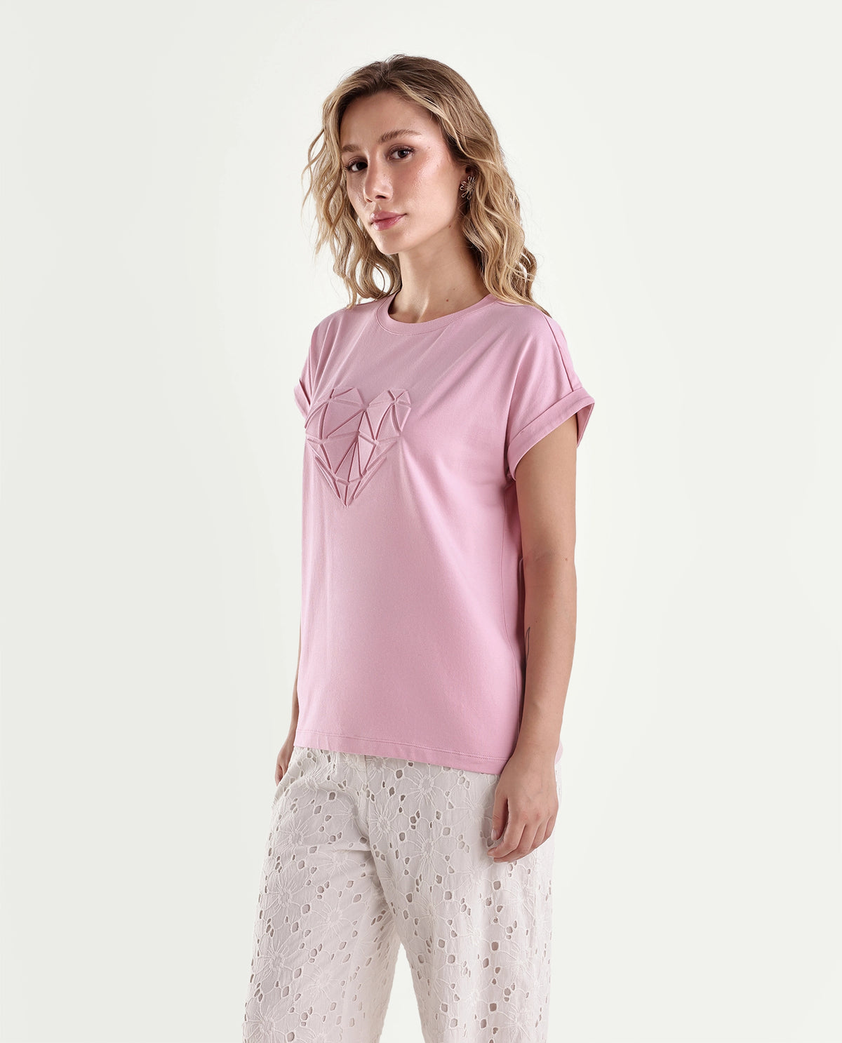 Rareism Women's Moxies Light Pink Cotton Blend Crew Neck Relaxed Object Print T-Shirt