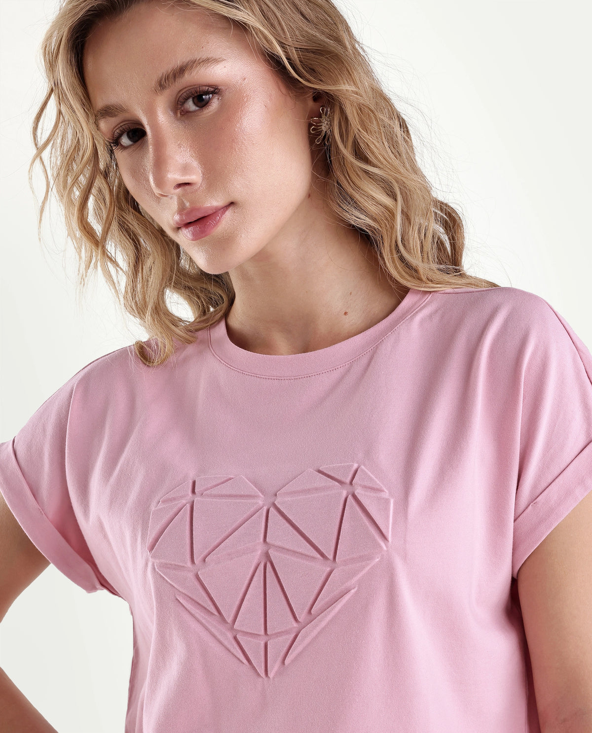 Rareism Women's Moxies Light Pink Cotton Blend Crew Neck Relaxed Object Print T-Shirt