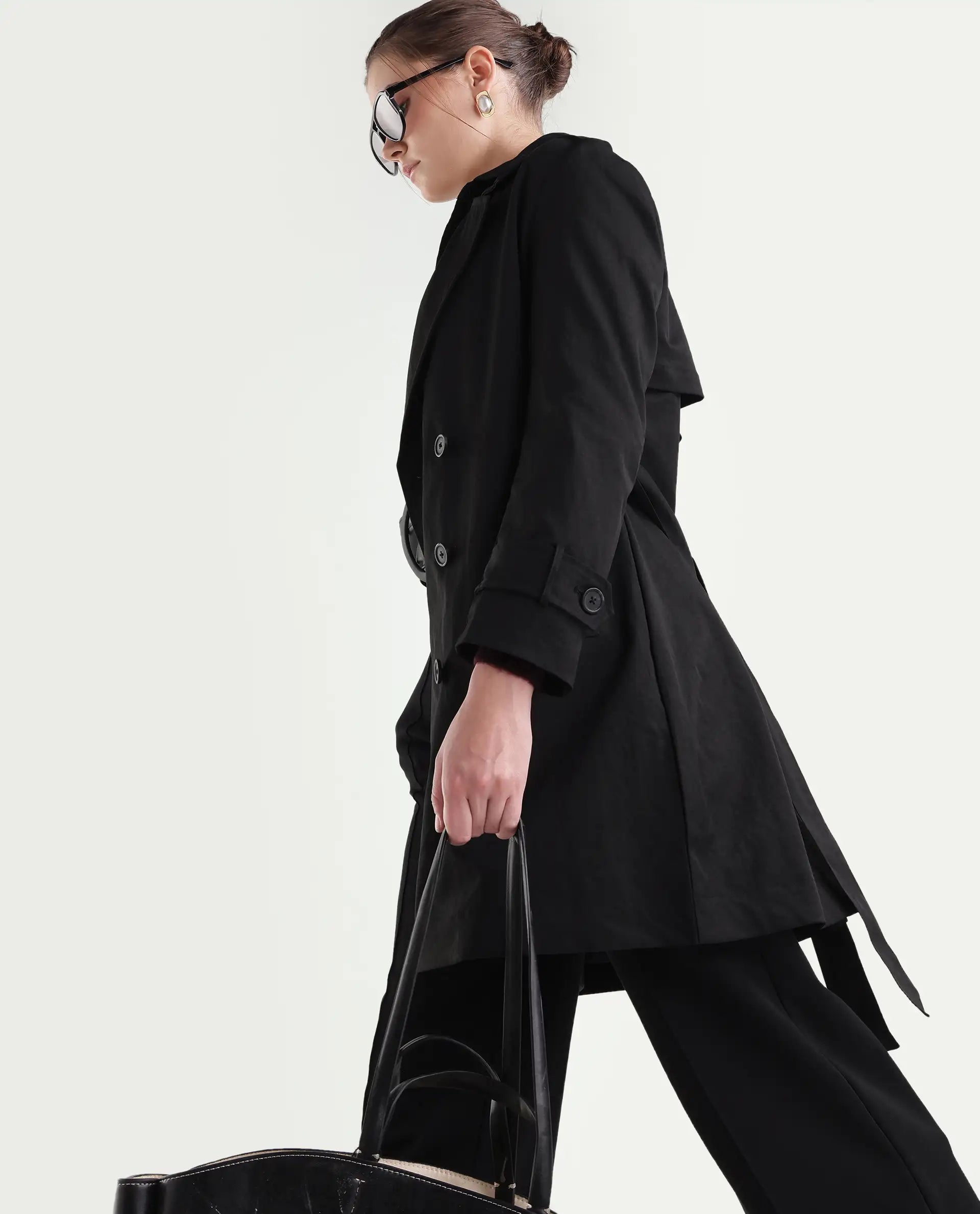 Rareism Women's Kench Black Polyester Blend Lapel Neck Relaxed Plain Coat