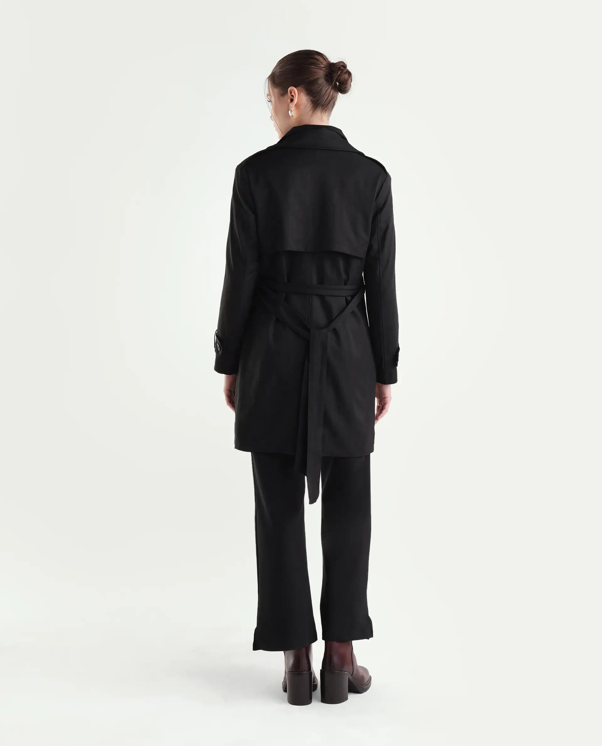 Rareism Women's Kench Black Polyester Blend Lapel Neck Relaxed Plain Coat